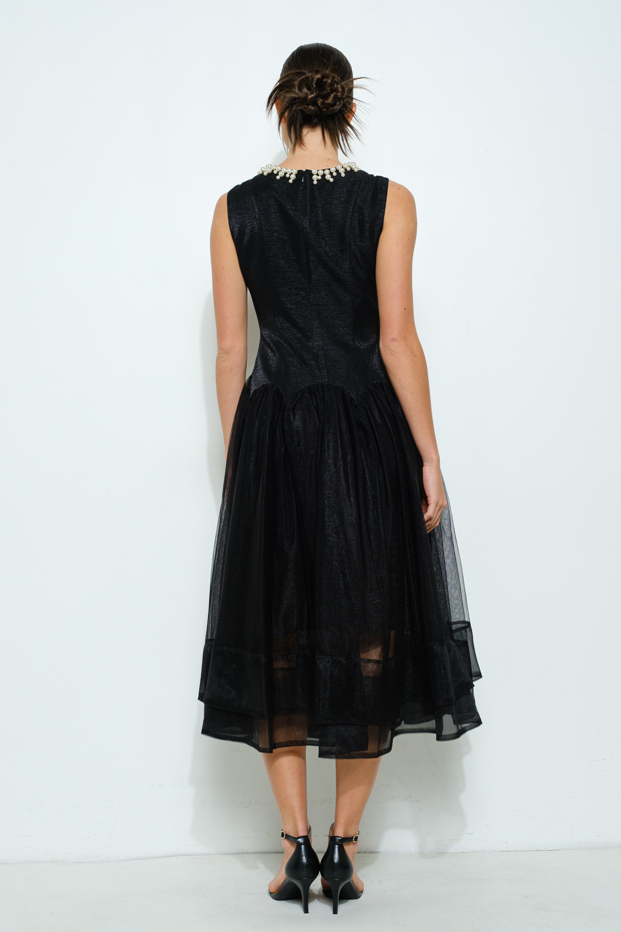 Pearl Embellished Sheer Tulle Midi Dress #23583486