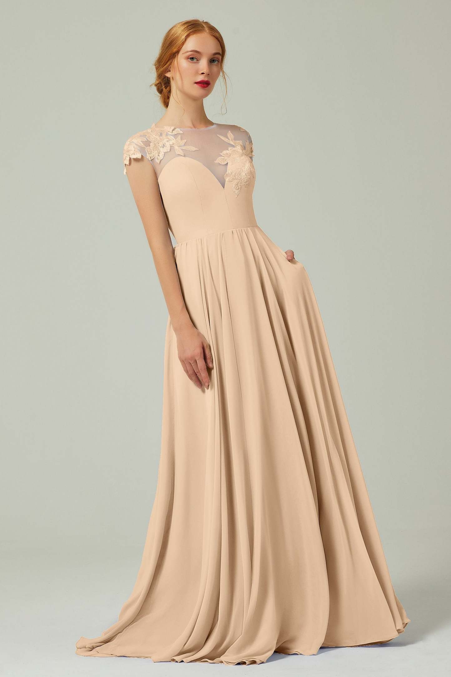 A-Line Sweep-Brush-Train Chiffon Bridesmaid Dress CB0248