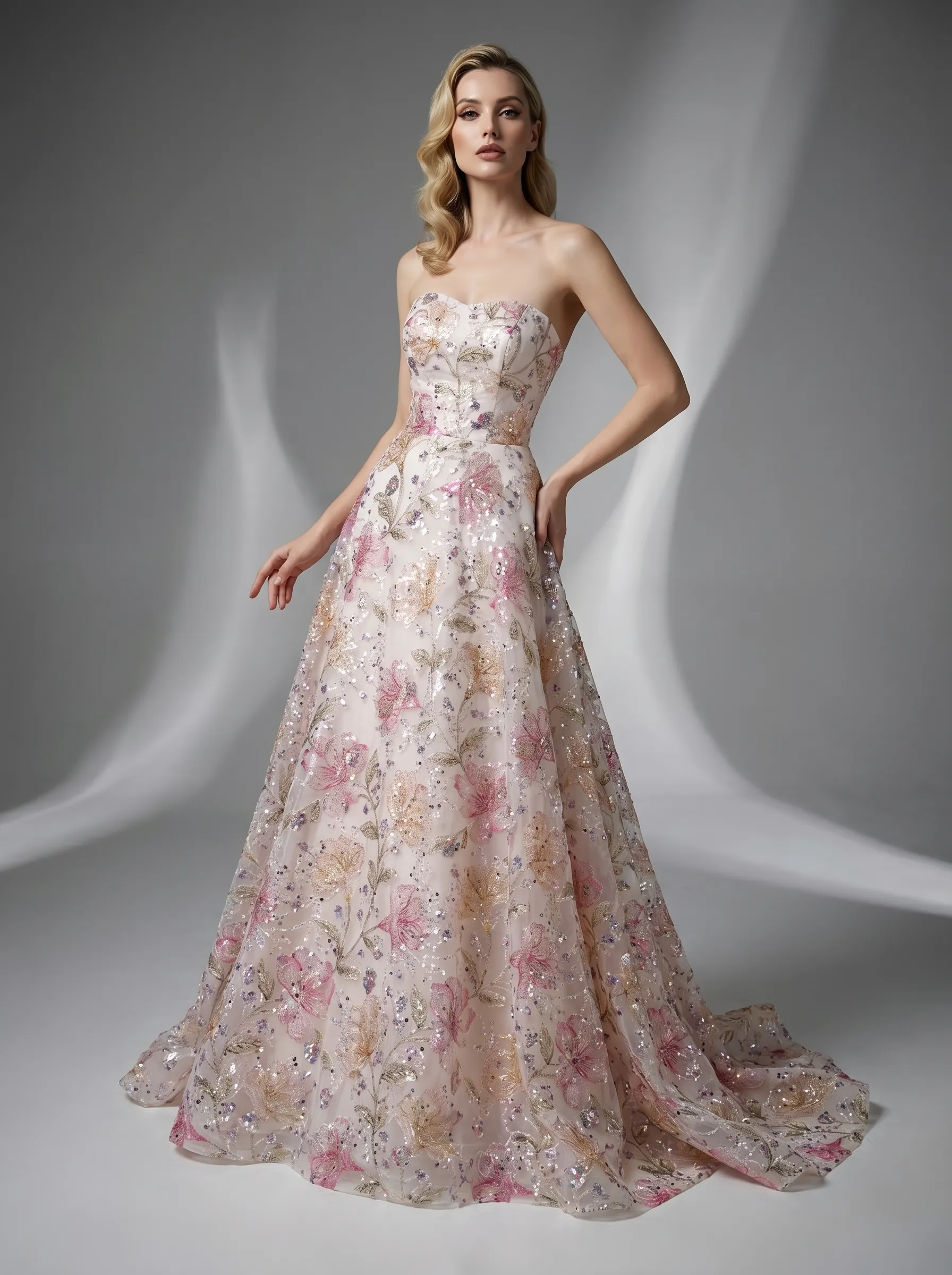 Pink Floral A-Line Prom Dress | Sparkly Strapless Sequin Gown