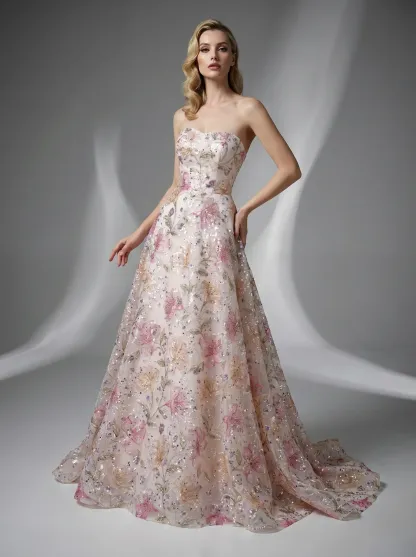 Pink Floral A-Line Prom Dress | Sparkly Strapless Sequin Gown