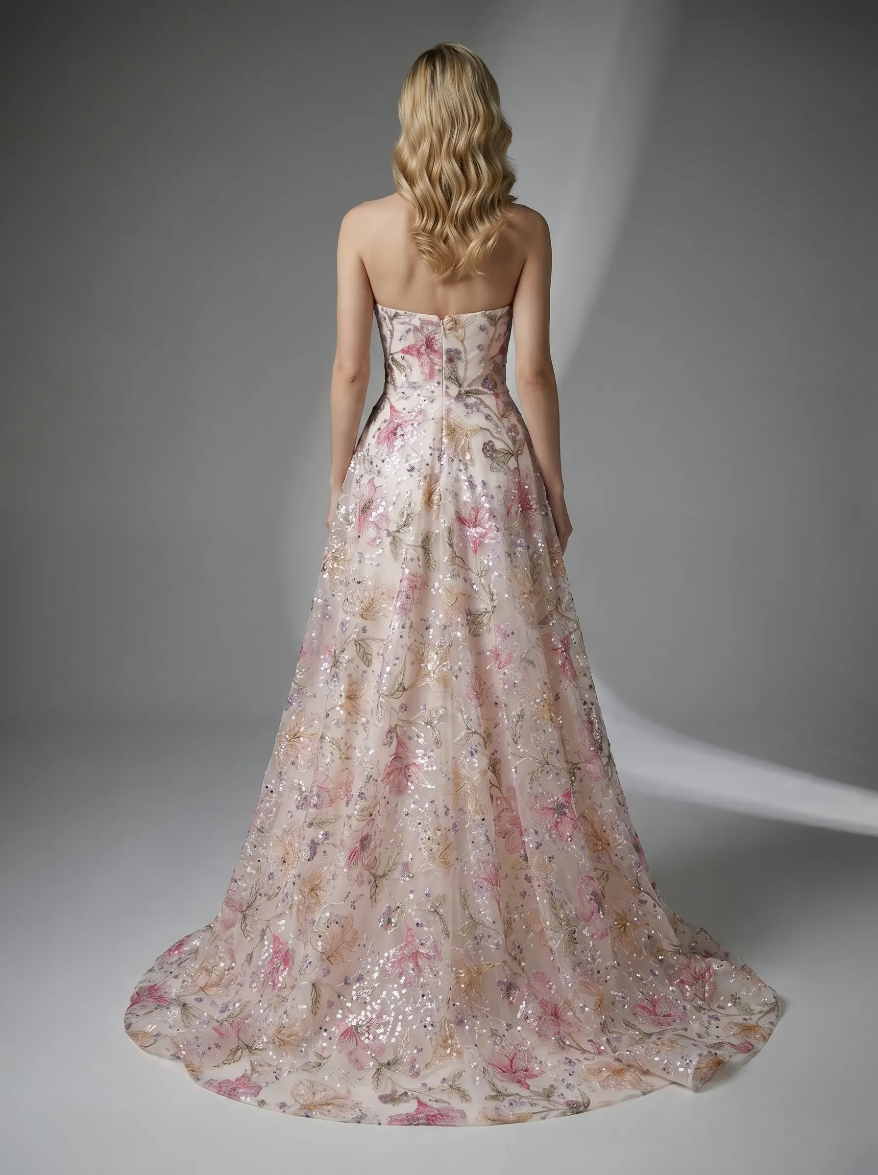 Pink Floral A-Line Prom Dress | Sparkly Strapless Sequin Gown