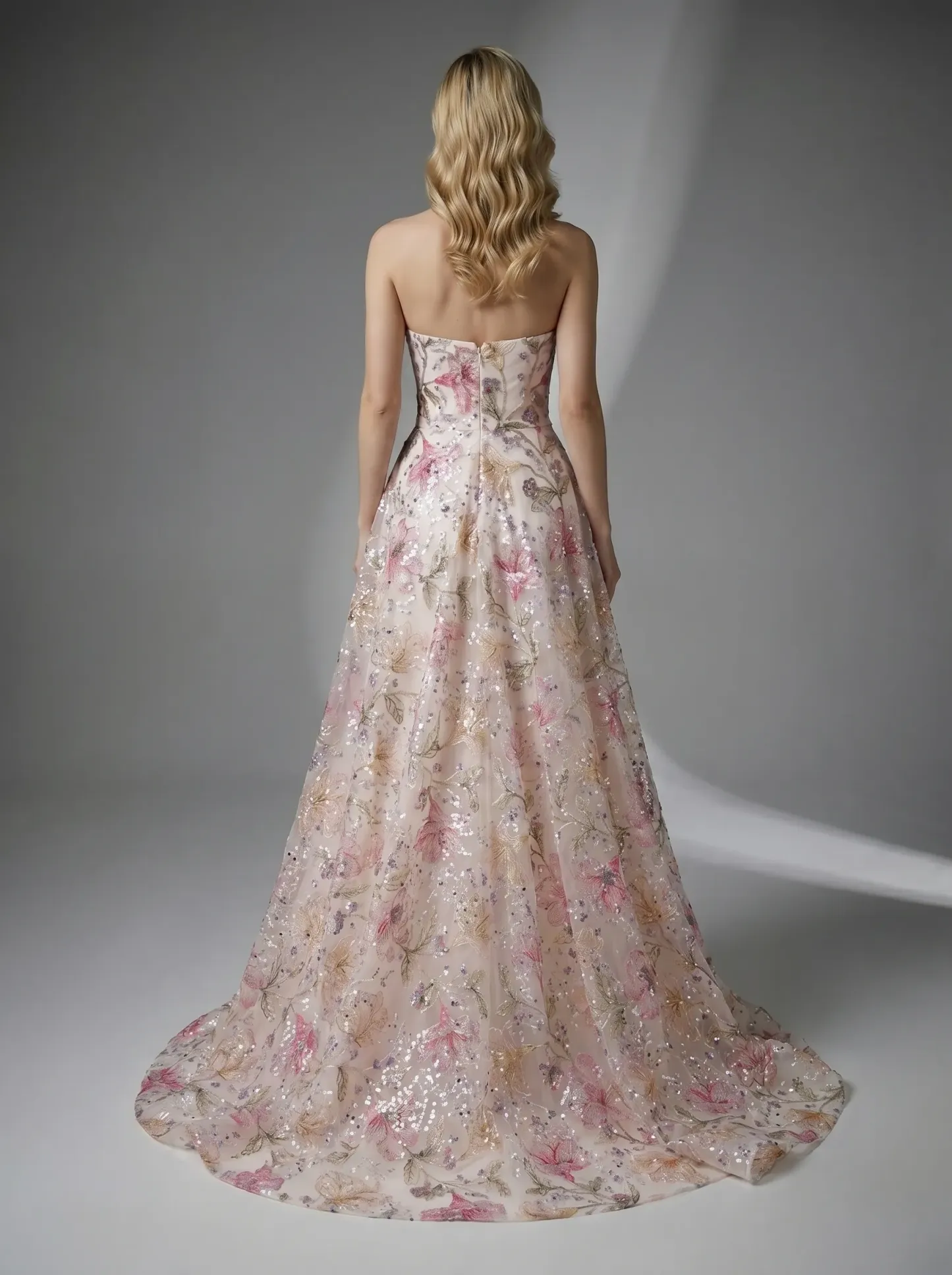 Pink Floral A-Line Prom Dress | Sparkly Strapless Sequin Gown