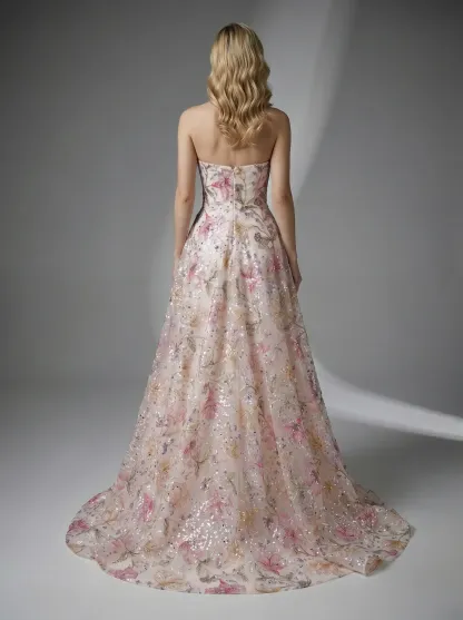 Pink Floral A-Line Prom Dress | Sparkly Strapless Sequin Gown