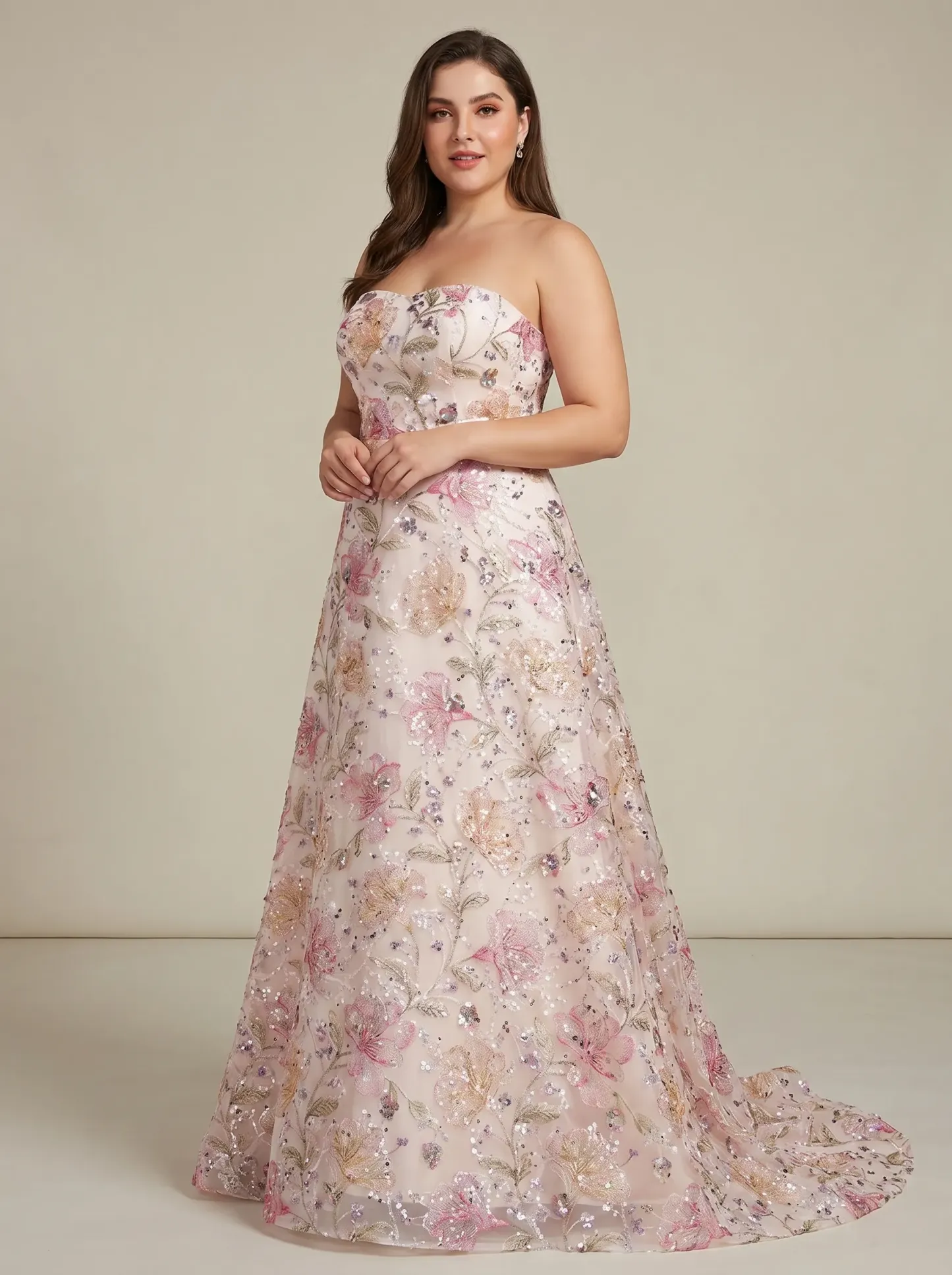 Pink Floral A-Line Prom Dress | Sparkly Strapless Sequin Gown