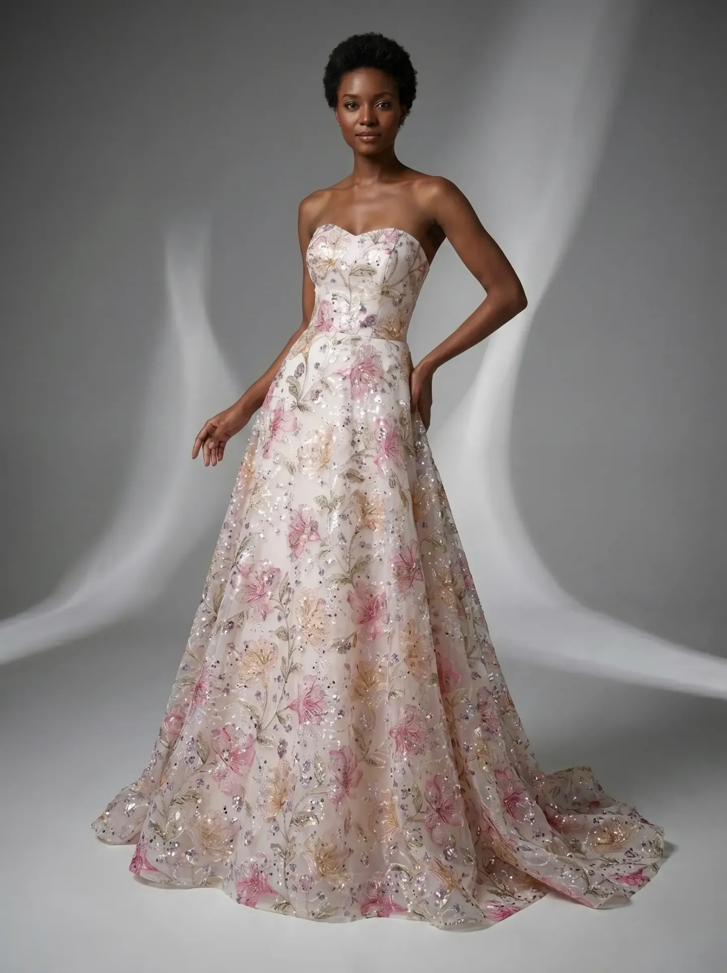 Pink Floral A-Line Prom Dress | Sparkly Strapless Sequin Gown
