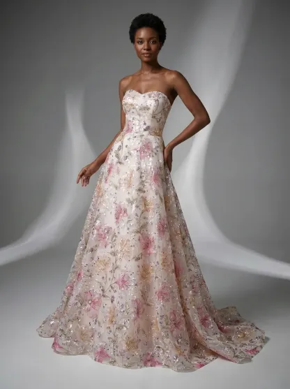 Pink Floral A-Line Prom Dress | Sparkly Strapless Sequin Gown