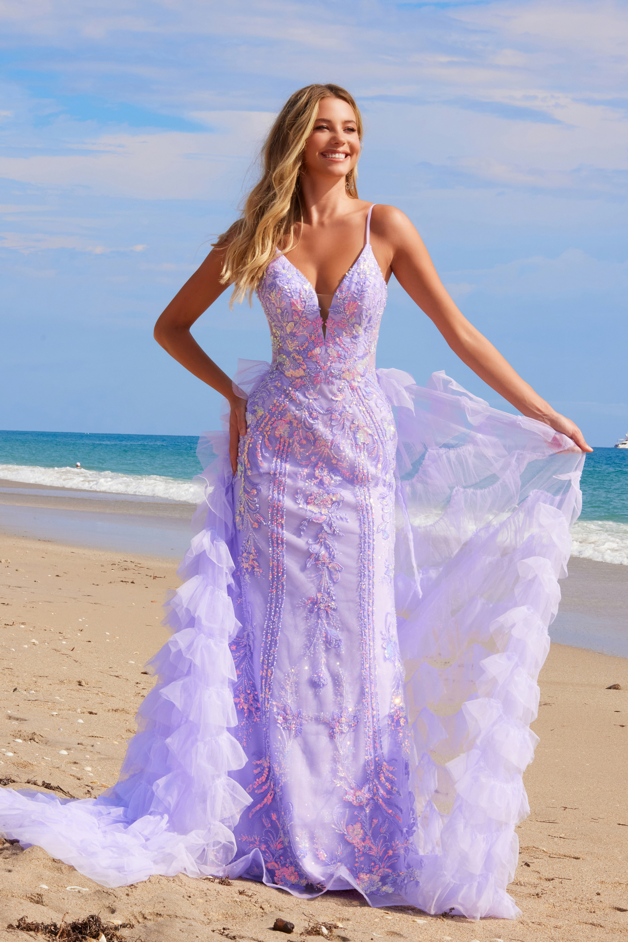 LONG FULL IRIDESCENT SEQUIN APPLIQUE V-NECKLINE SPAGHETTI STRAPS LOW-U BACK Q1542