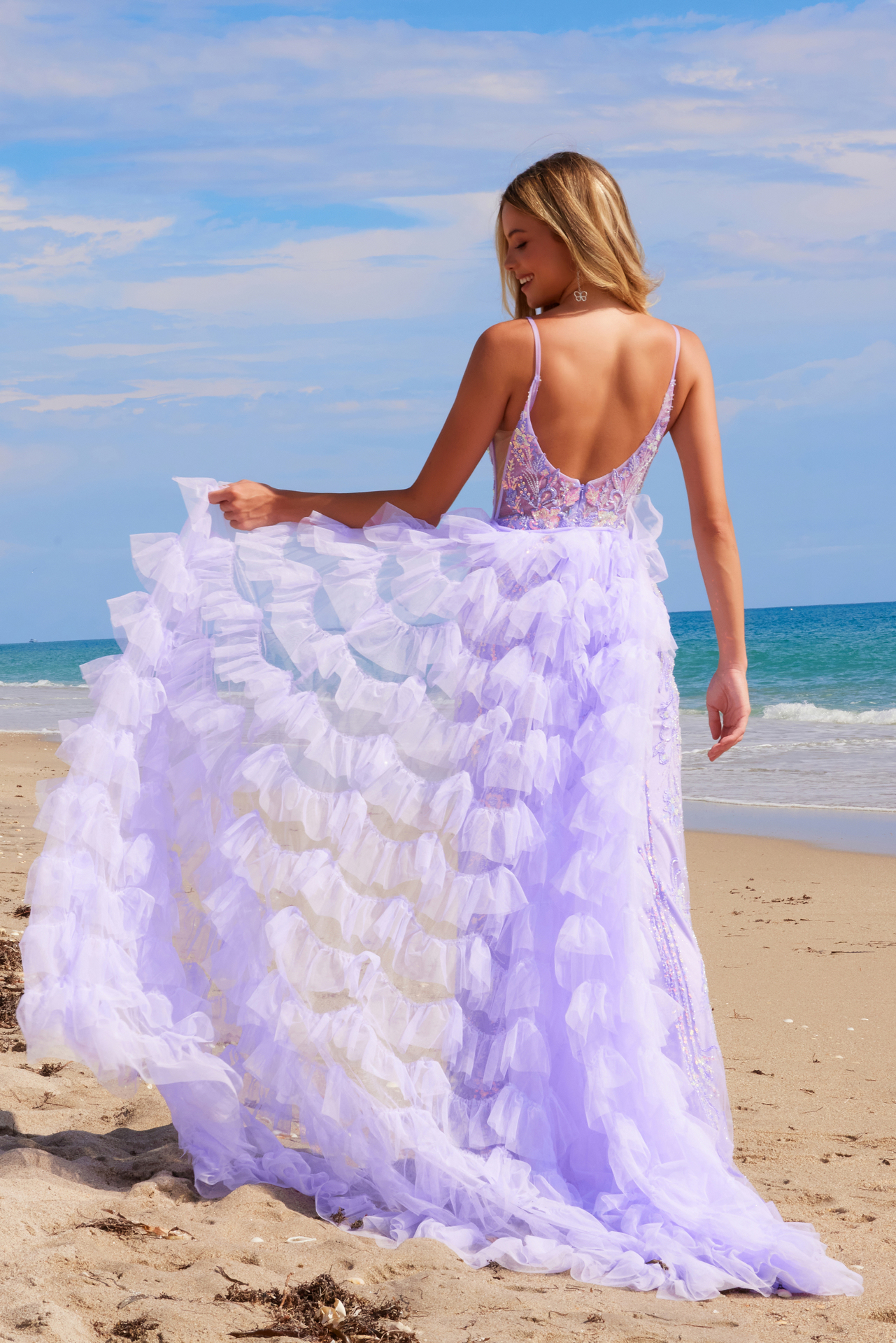 LONG FULL IRIDESCENT SEQUIN APPLIQUE V-NECKLINE SPAGHETTI STRAPS LOW-U BACK Q1542