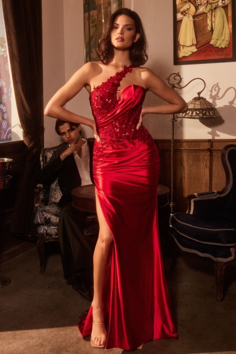 One Shoulder Satin Prom Dress With Lace Applique