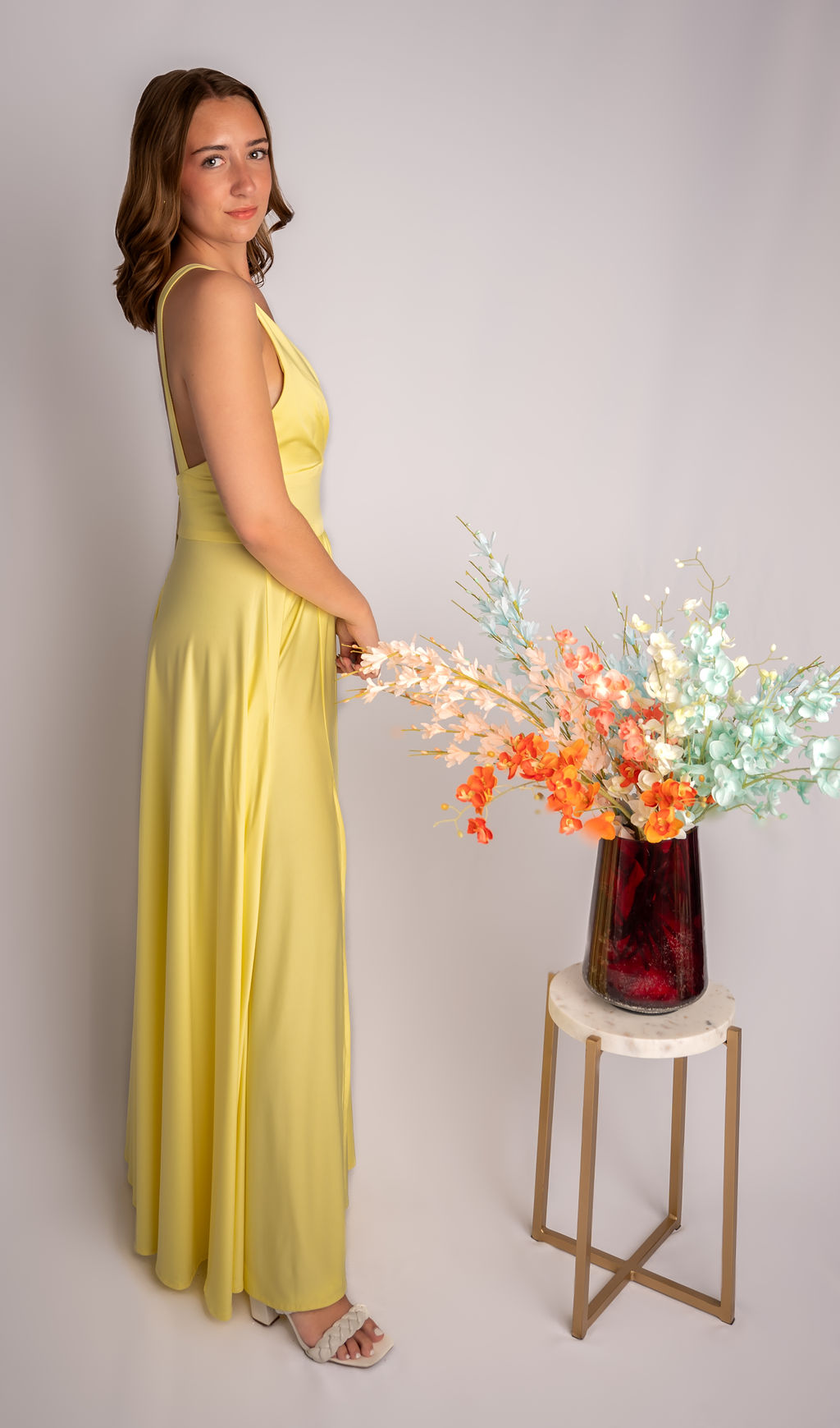 A-Line Triangle Bodice Rouched Waistline Slit Bridesmaid Dress #RJBM001