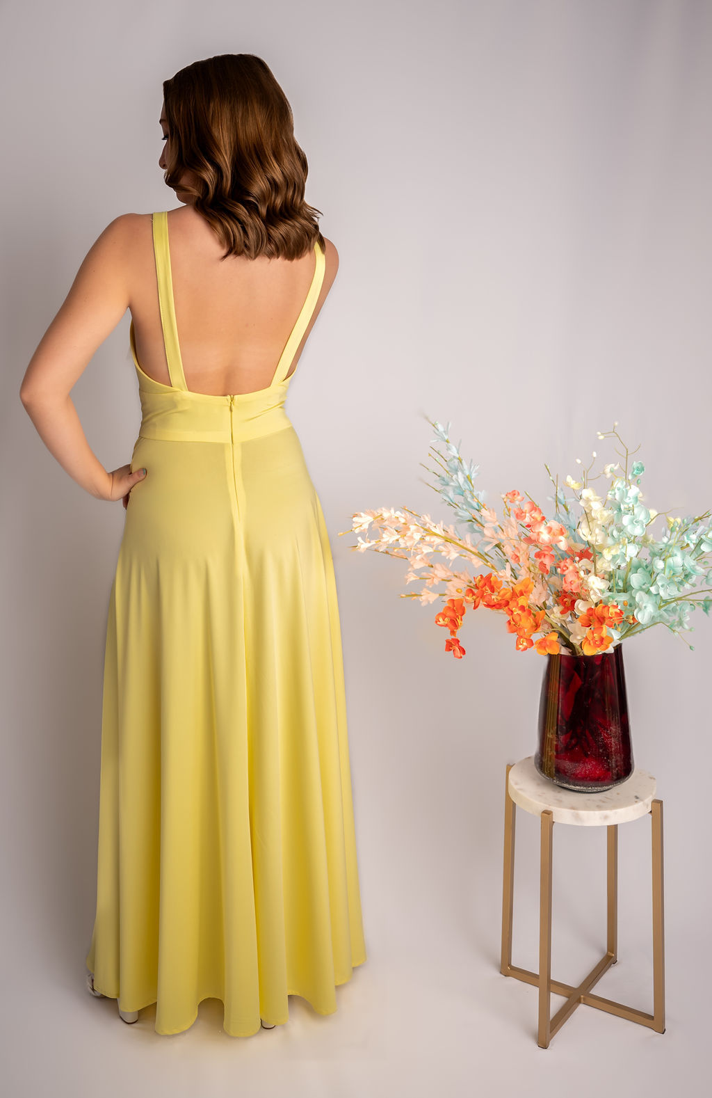 A-Line Triangle Bodice Rouched Waistline Slit Bridesmaid Dress #RJBM001