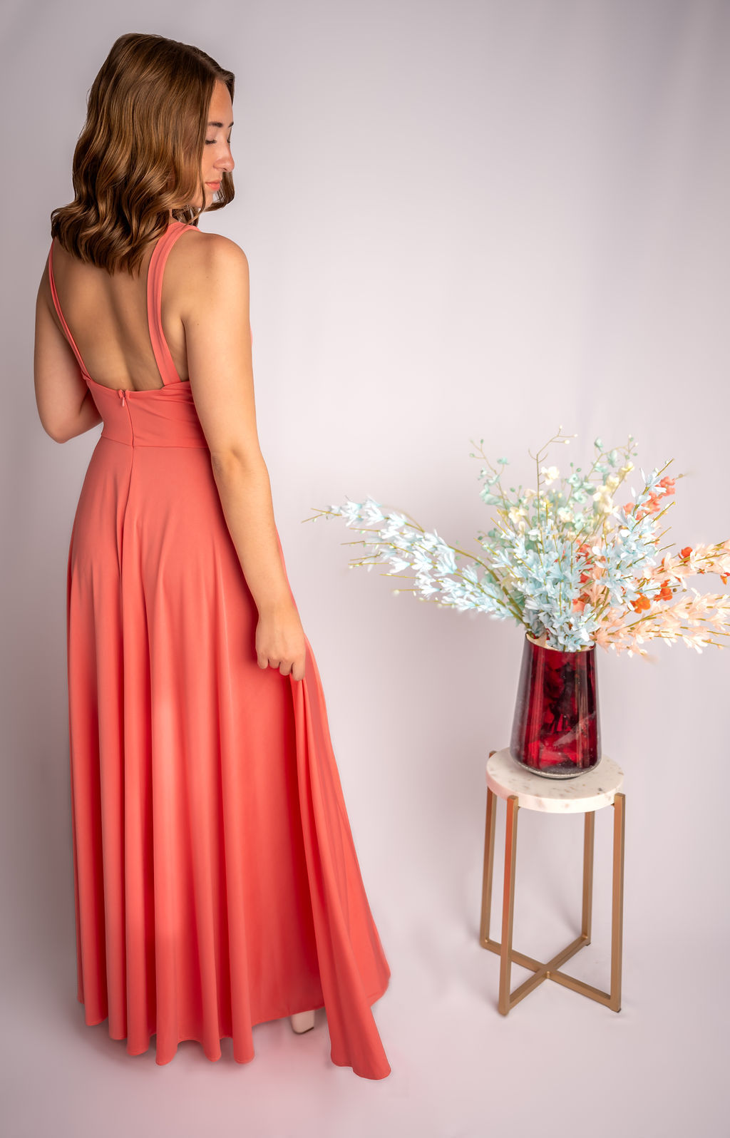 A-Line Triangle Bodice Rouched Waistline Slit Bridesmaid Dress #RJBM001