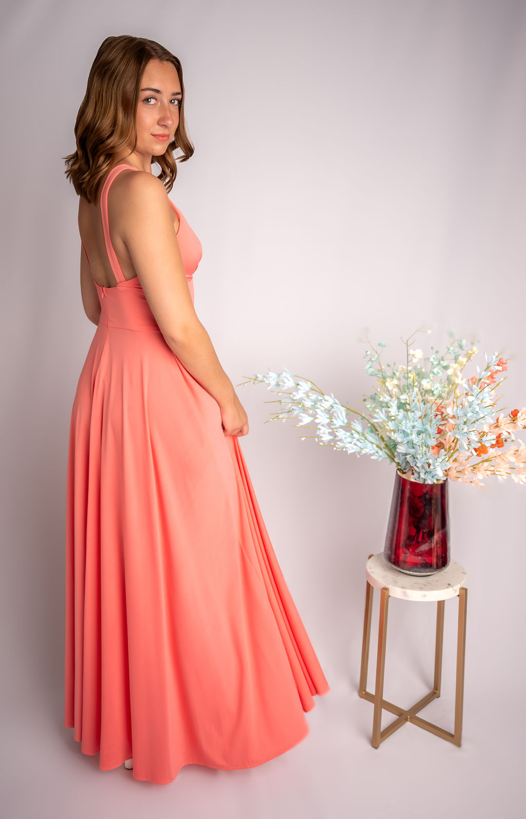 A-Line Triangle Bodice Rouched Waistline Slit Bridesmaid Dress #RJBM001