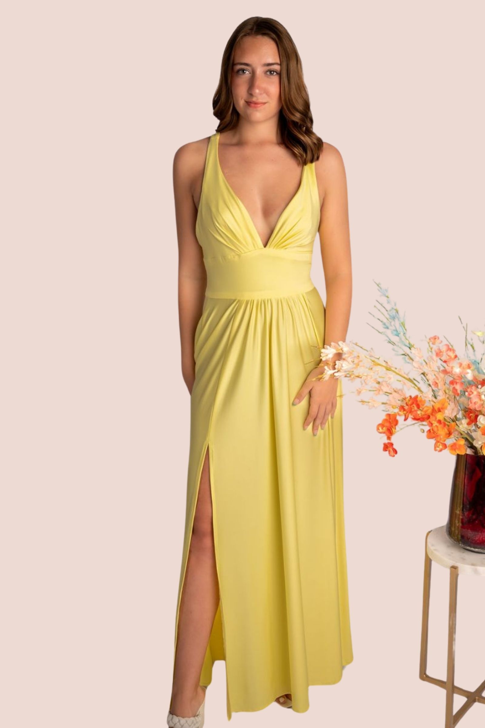 A-Line Triangle Bodice Rouched Waistline Slit Bridesmaid Dress #RJBM001