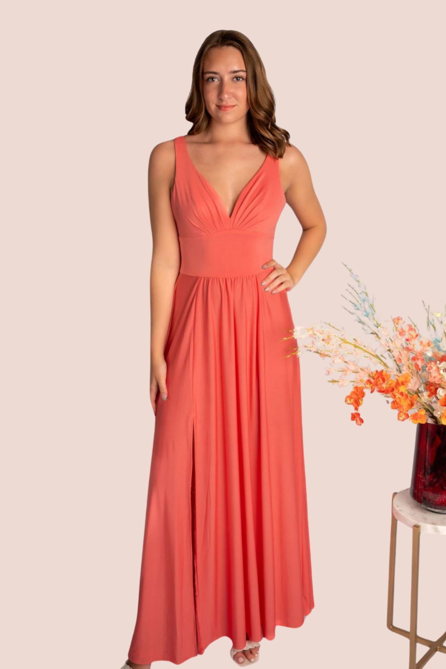 A-Line Triangle Bodice Rouched Waistline Slit Bridesmaid Dress #RJBM001