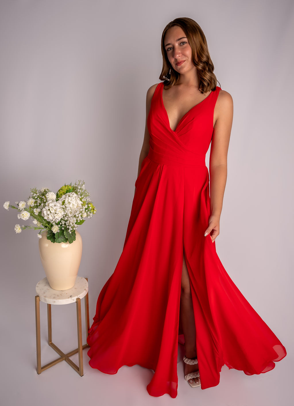 A-Line V-Neck Slit Ruffles Sleeveless Bridesmaid Dress #RJBM007