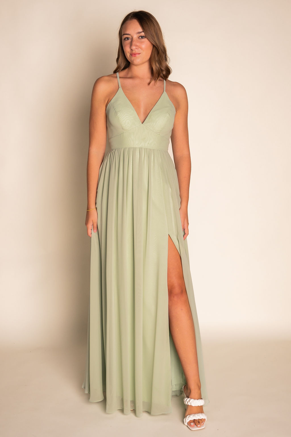 Sage Flowy V-Neck Pleated Chiffon Dress RJBM062