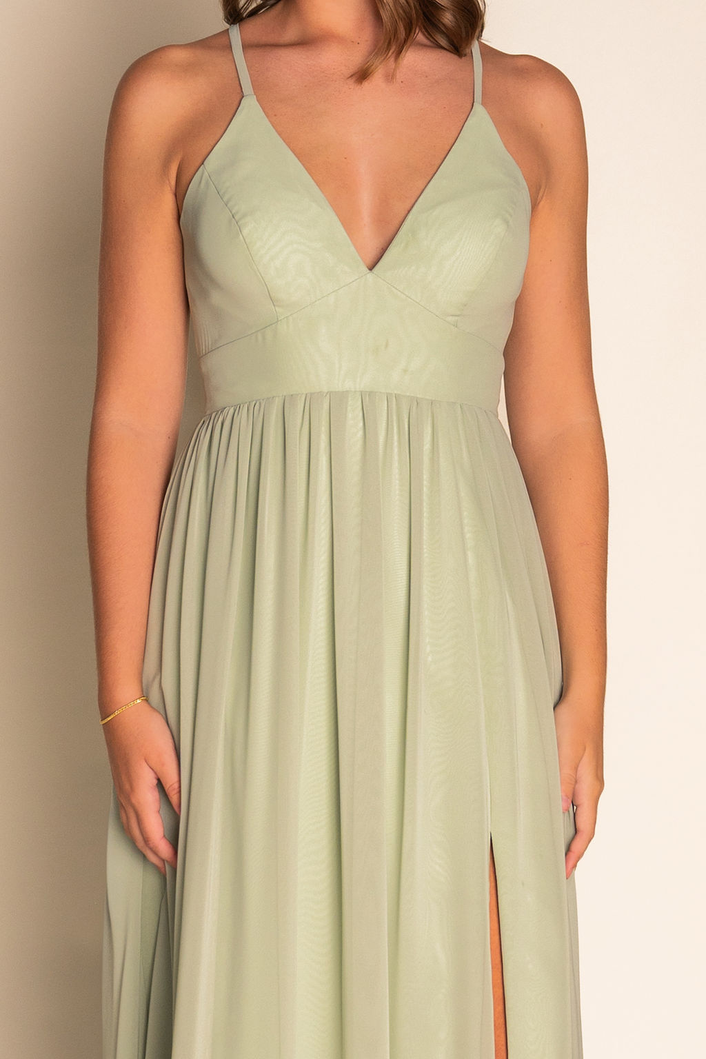 Sage Flowy V-Neck Pleated Chiffon Dress RJBM062