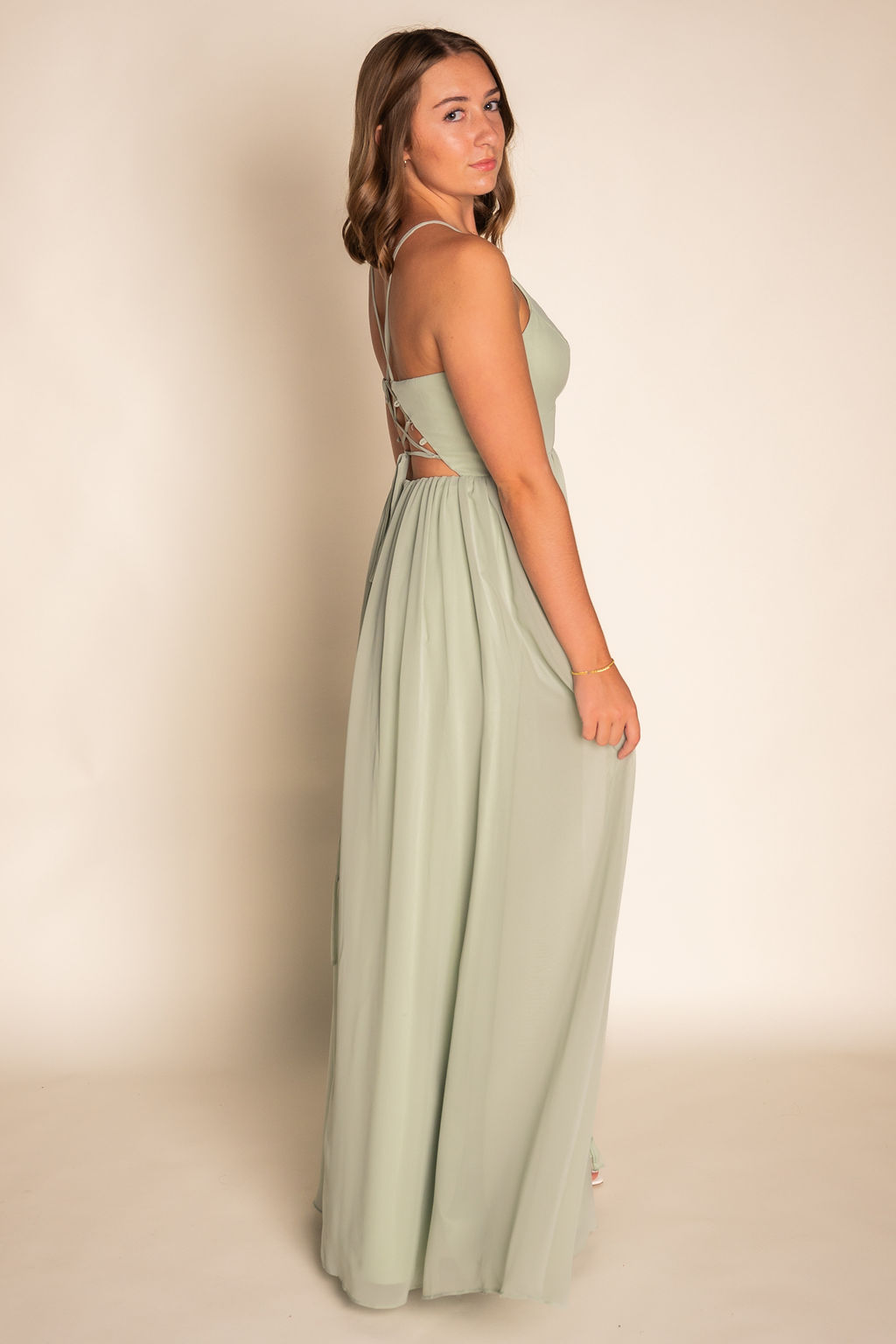 Sage Flowy V-Neck Pleated Chiffon Dress RJBM062
