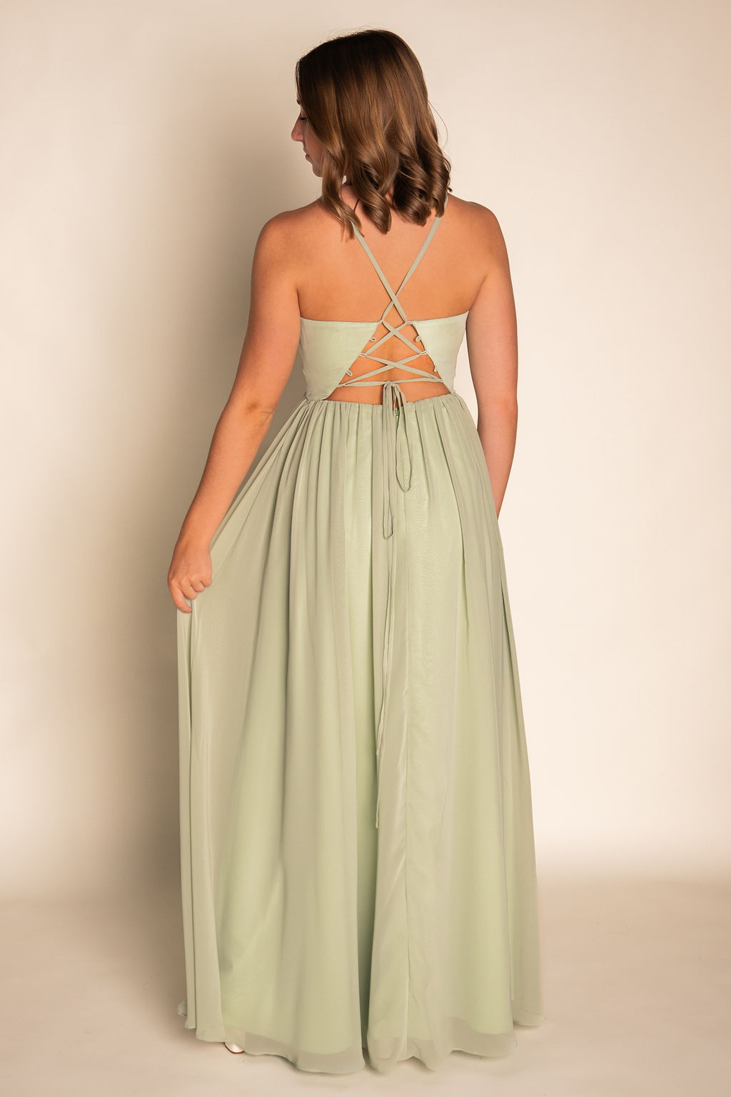 Sage Flowy V-Neck Pleated Chiffon Dress RJBM062