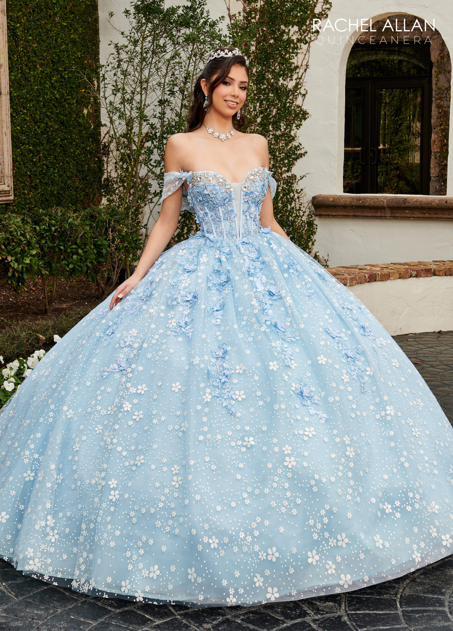 Off-The-Shoulder Plunging Sweetheart Glitter Tulle Quinceanera Ball Gown #RQ3122