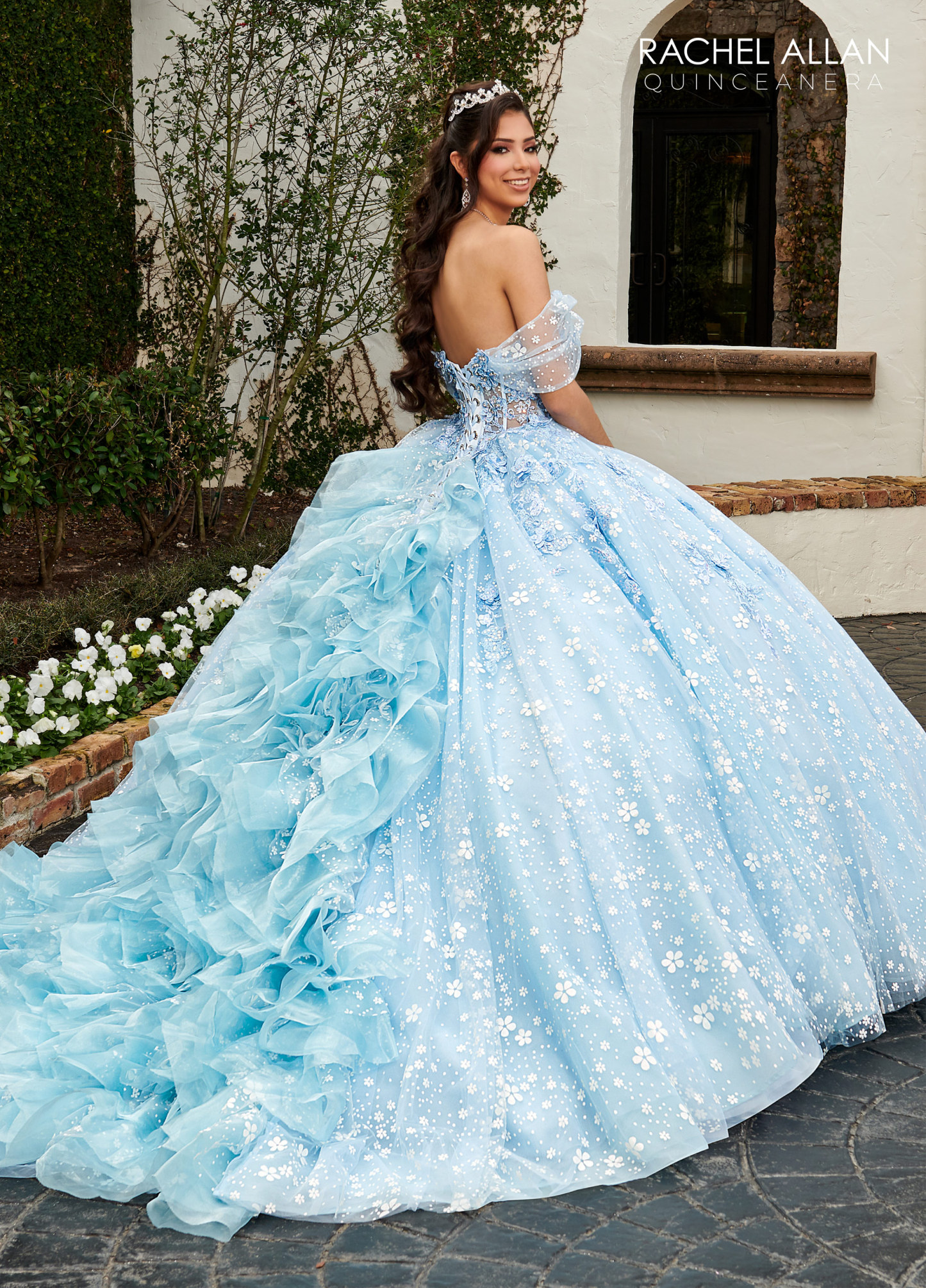 Off-The-Shoulder Plunging Sweetheart Glitter Tulle Quinceanera Ball Gown #RQ3122