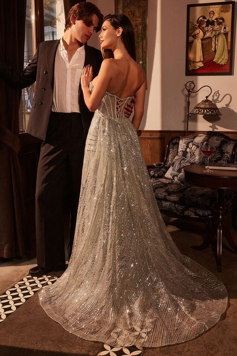 Strapless Glitter Printed Gown & Overskirt