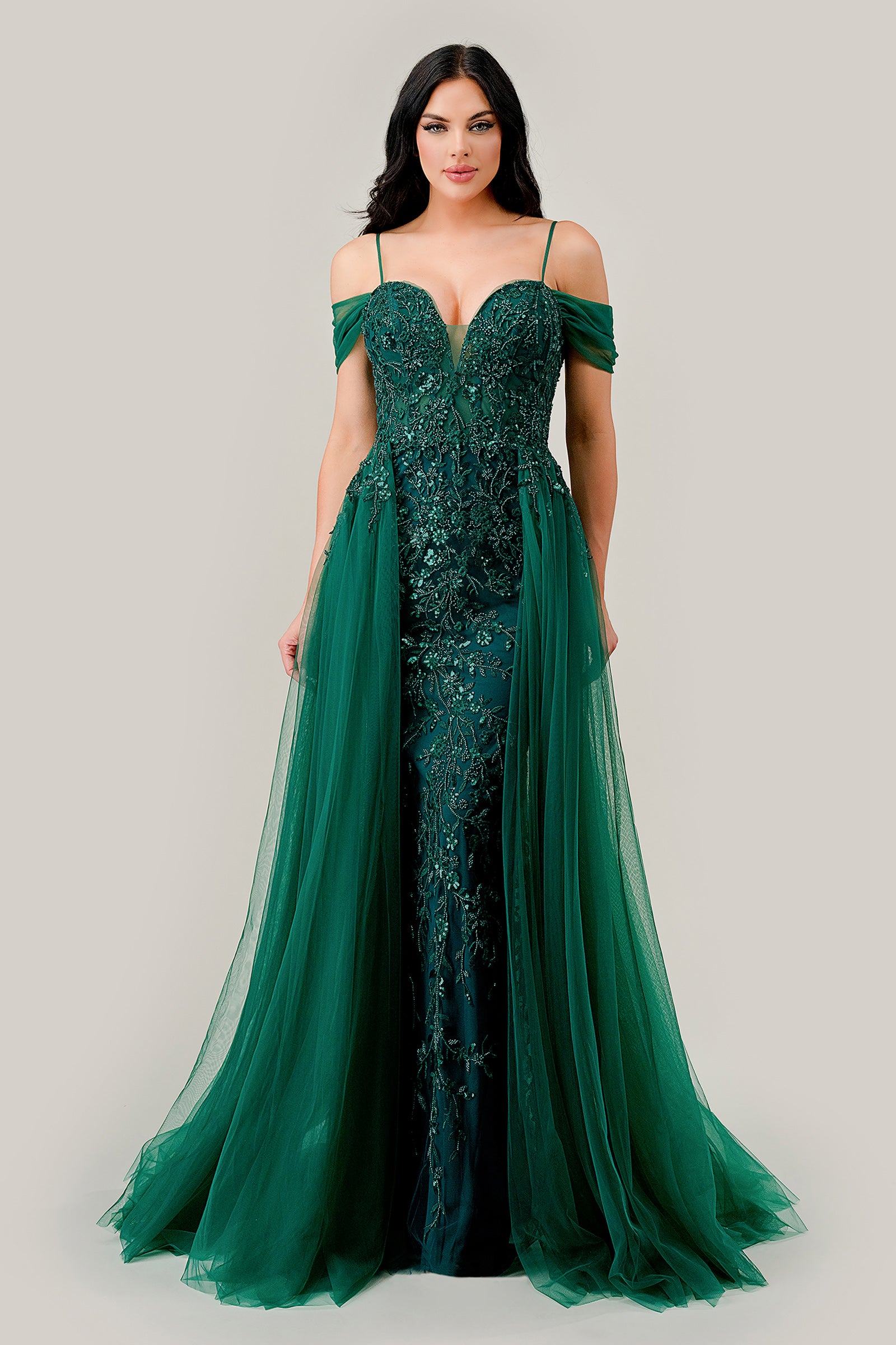 Elegance Fitted Off-The-Shoulder Layered Tulle Straps Lace Gown #SF009
