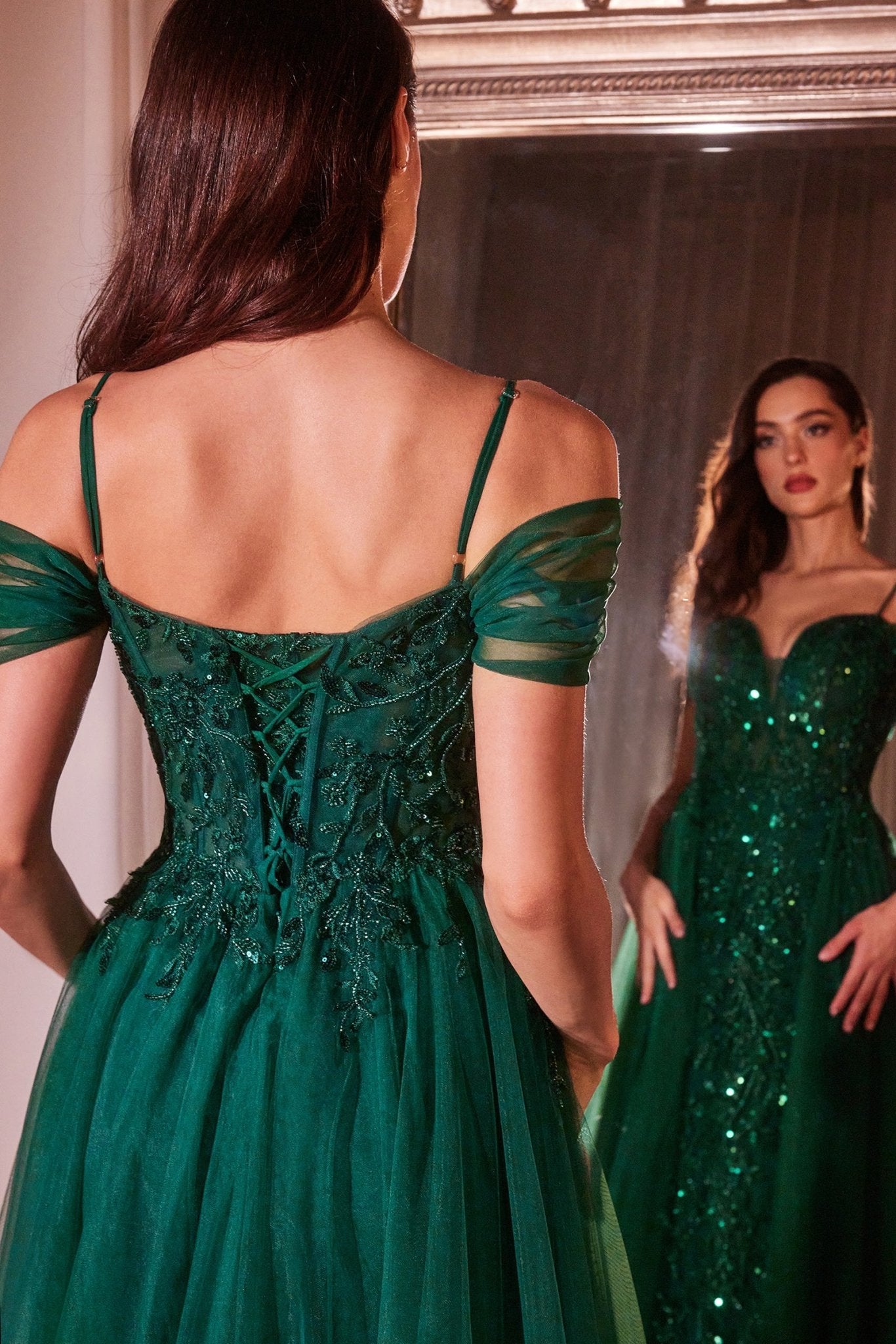 Elegance Fitted Off-The-Shoulder Layered Tulle Straps Lace Gown #SF009