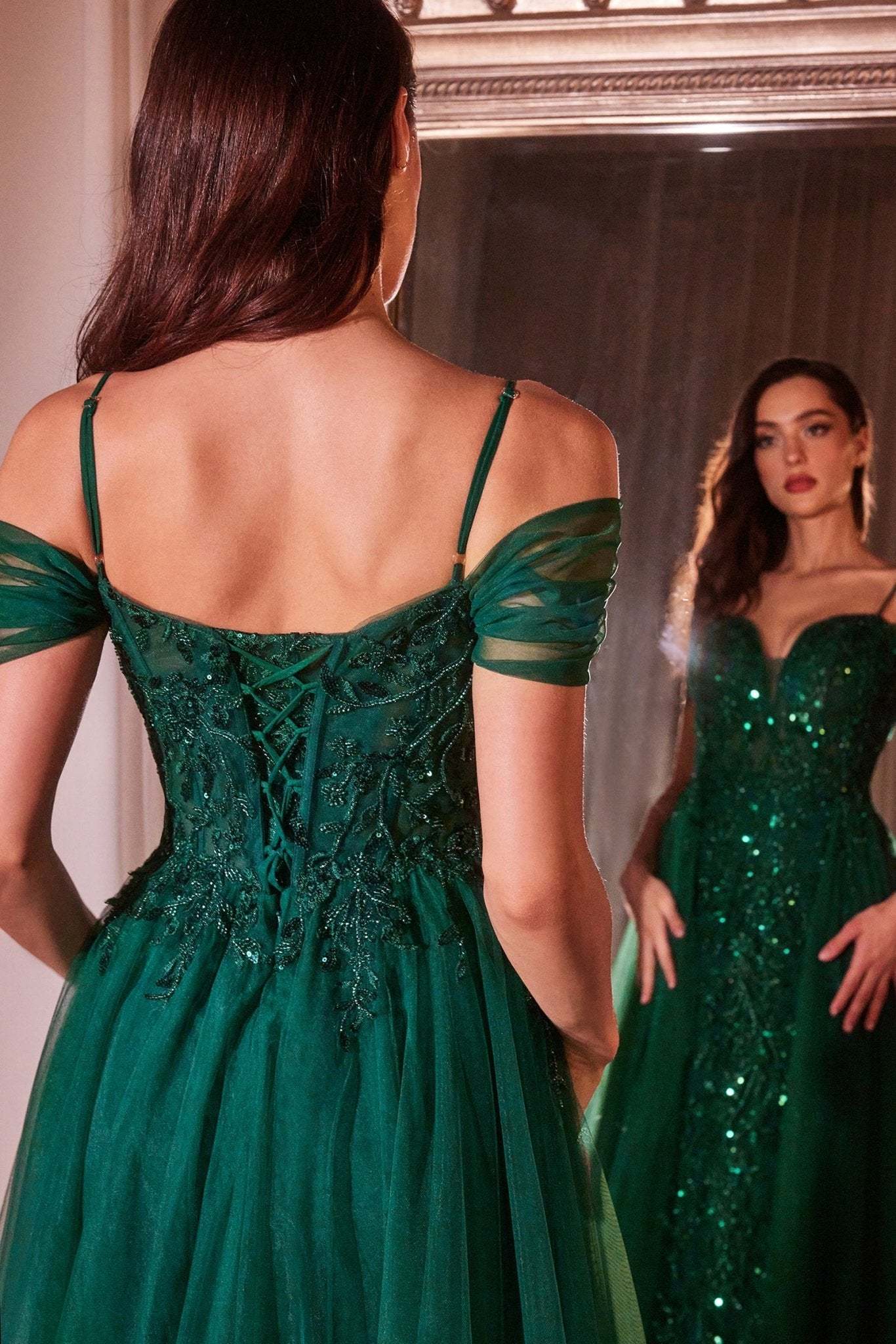 Elegance Fitted Off-The-Shoulder Layered Tulle Straps Lace Gown #SF009