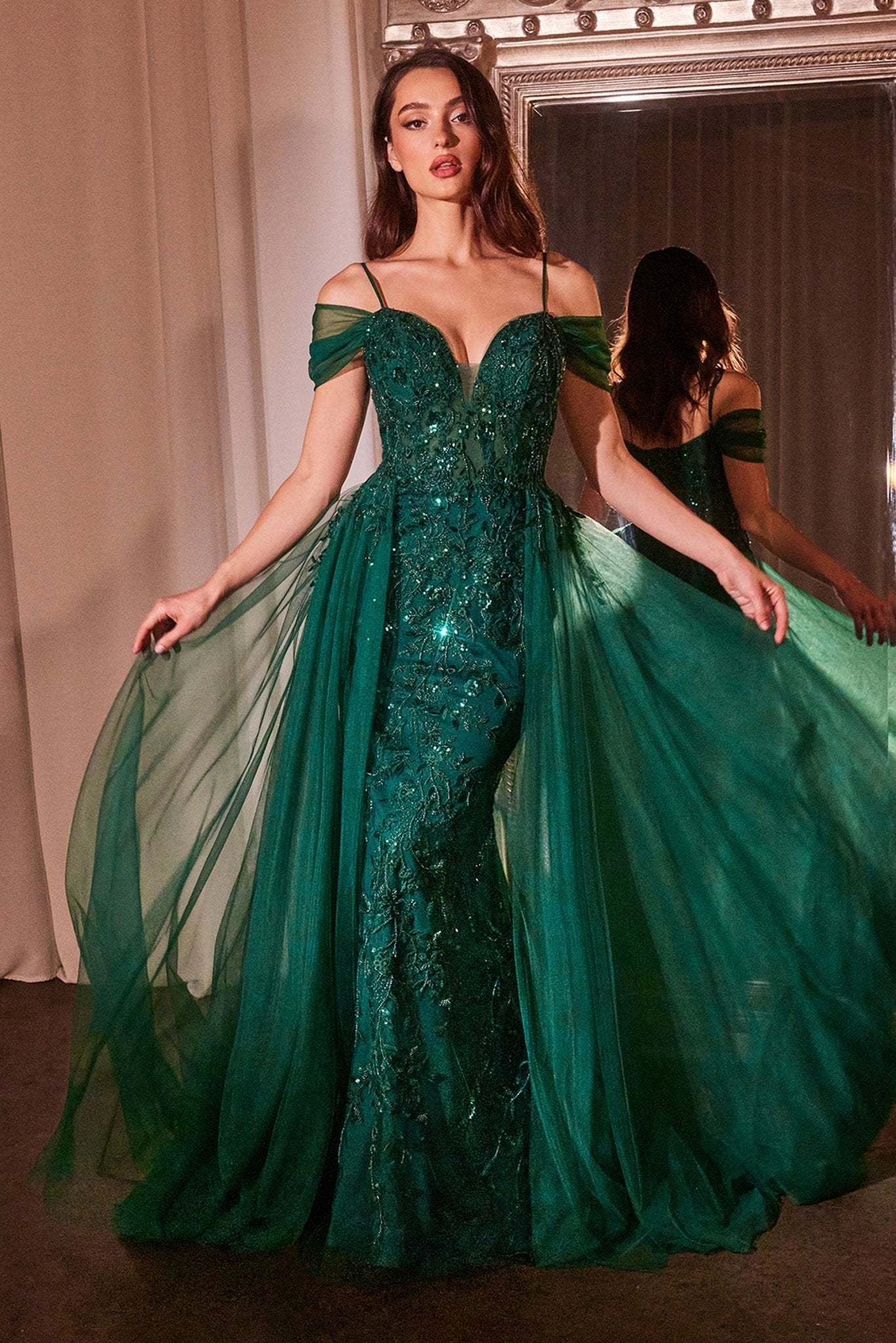 Elegance Fitted Off-The-Shoulder Layered Tulle Straps Lace Gown #SF009
