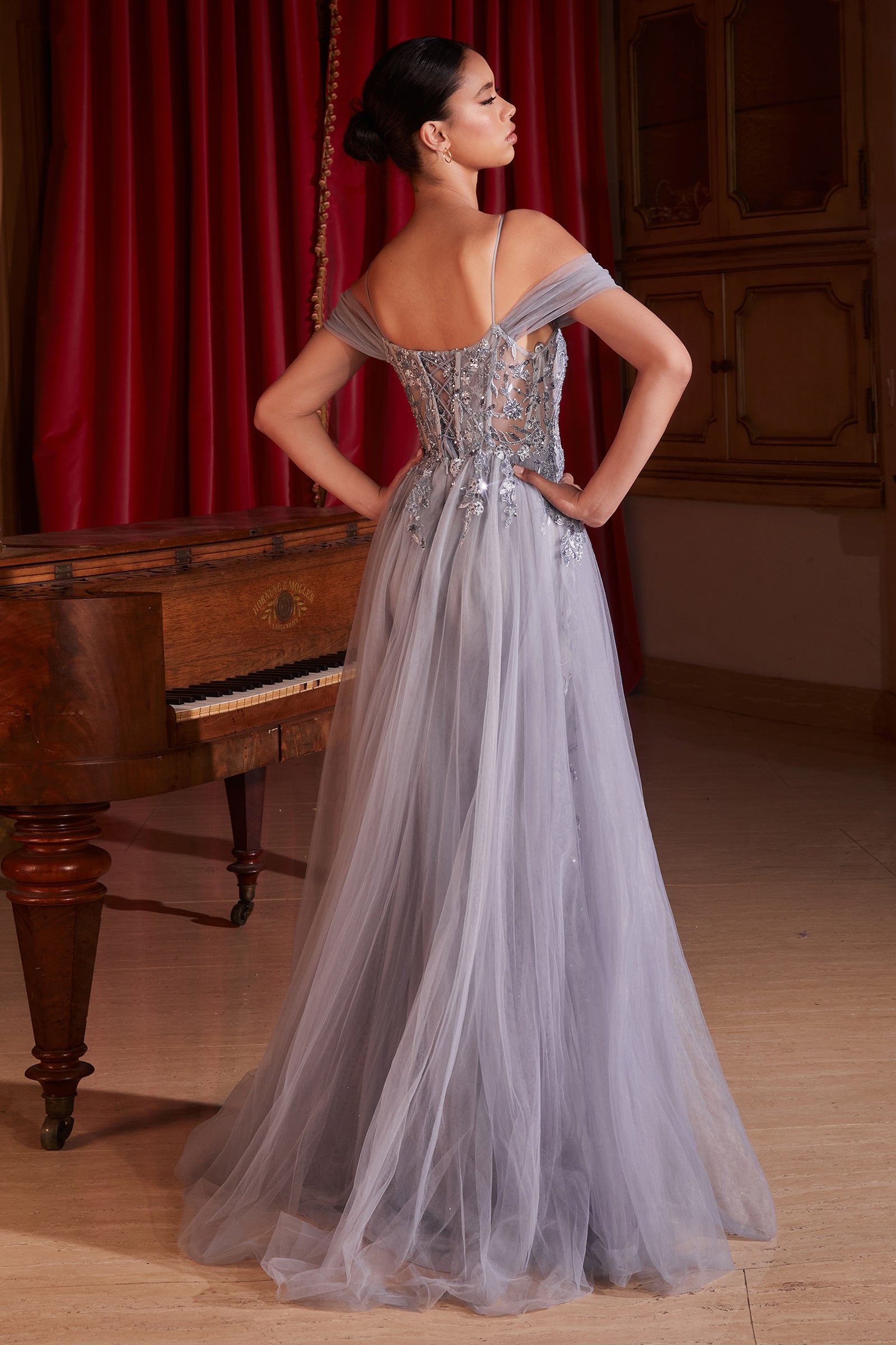 Elegance Fitted Off-The-Shoulder Layered Tulle Straps Lace Gown #SF009
