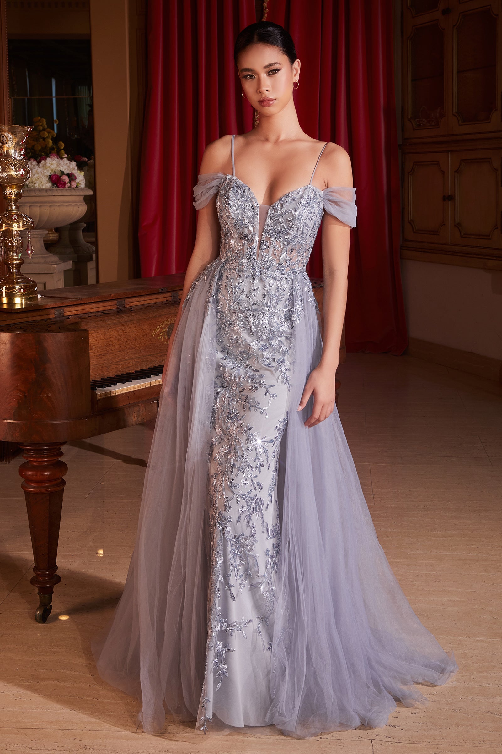 Elegance Fitted Off-The-Shoulder Layered Tulle Straps Lace Gown #SF009