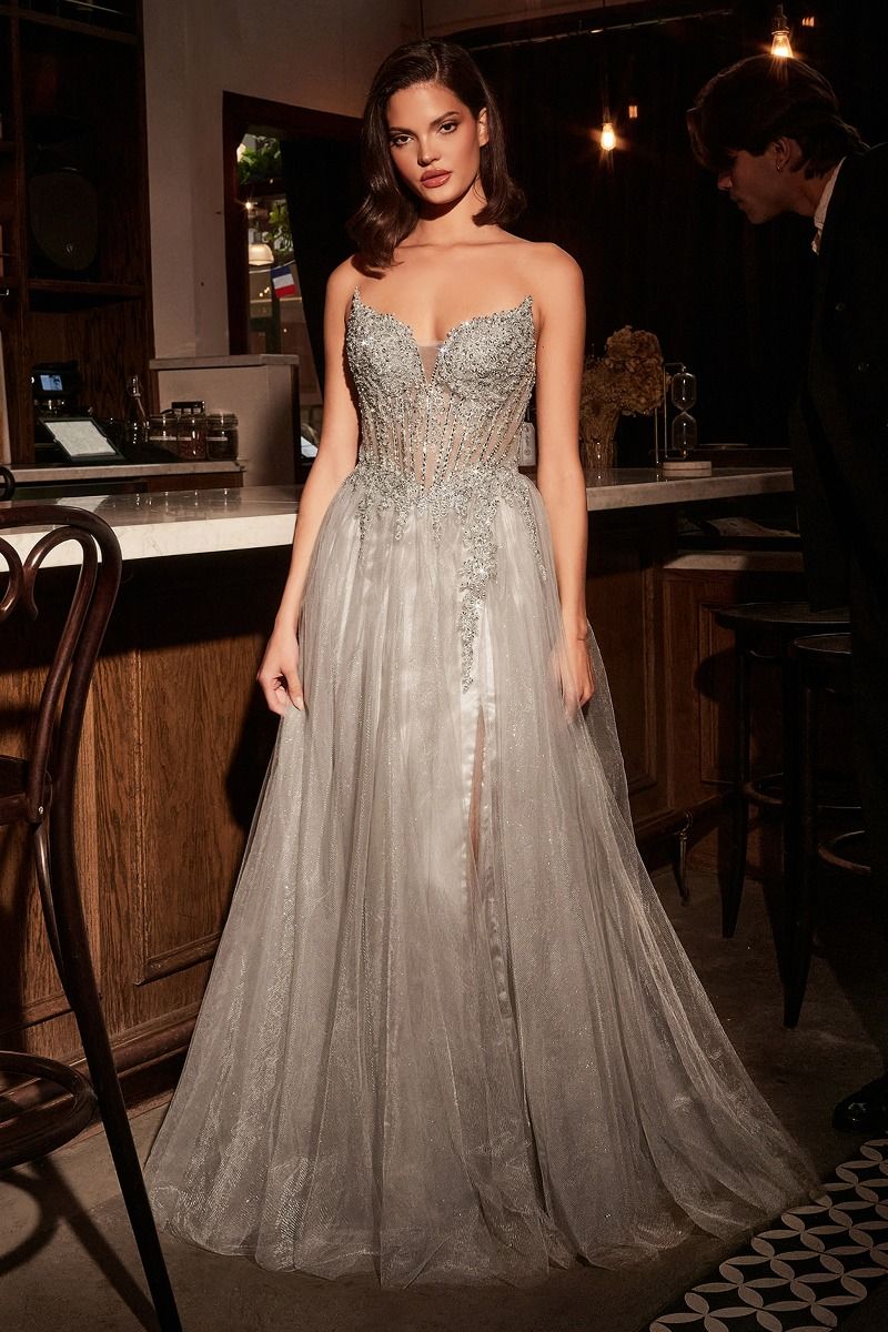 A-Line Strapless Layered Tulle Lace Appliques Prom Dress CC487