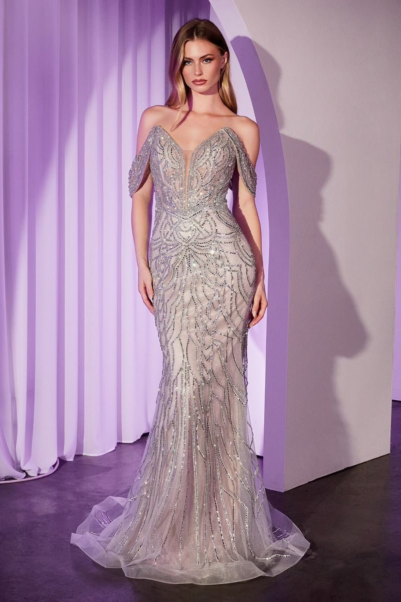 Fitted Sweetheart Off The Shoulder Crystal Embellished Prom Gown CC0689