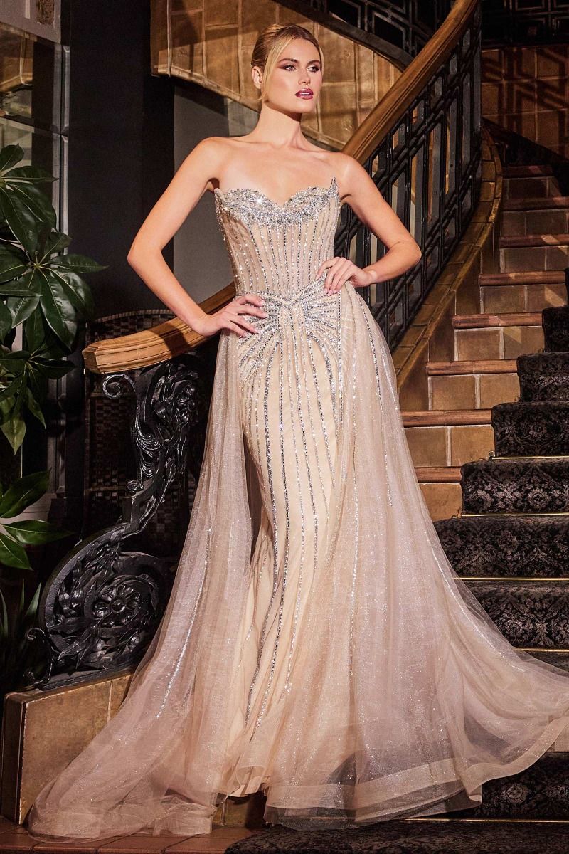 Strapless Crystal Embellished Prom Gown With Overskirt CB158