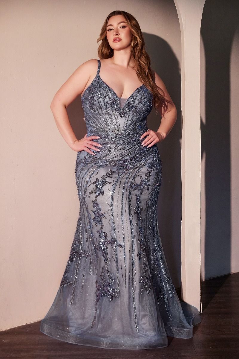 Curve Fitted Plunging V-Neck Thin Straps Embellished Lace Gown CC0389C