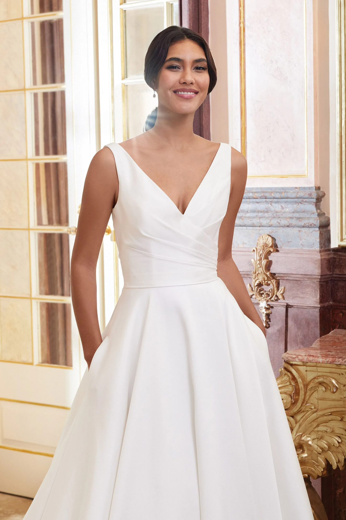 Ball Gown V-Neck Chapel Mikado Pockets Chapel Wedding Dress 44080