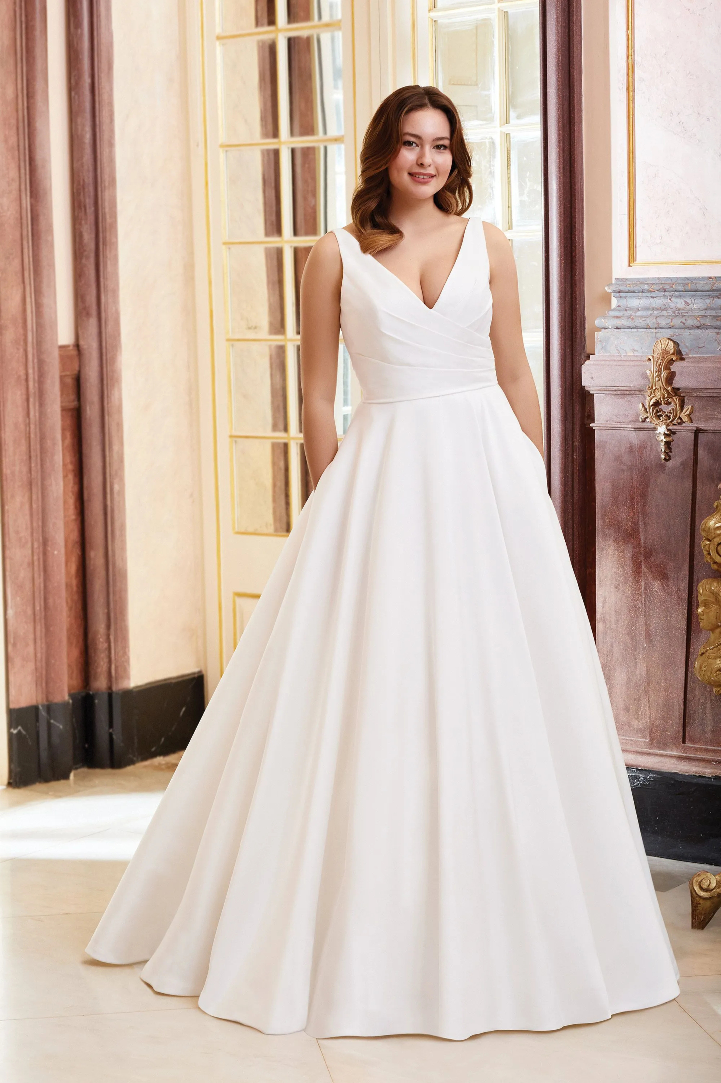 Ball Gown V-Neck Chapel Mikado Pockets Chapel Wedding Dress 44080