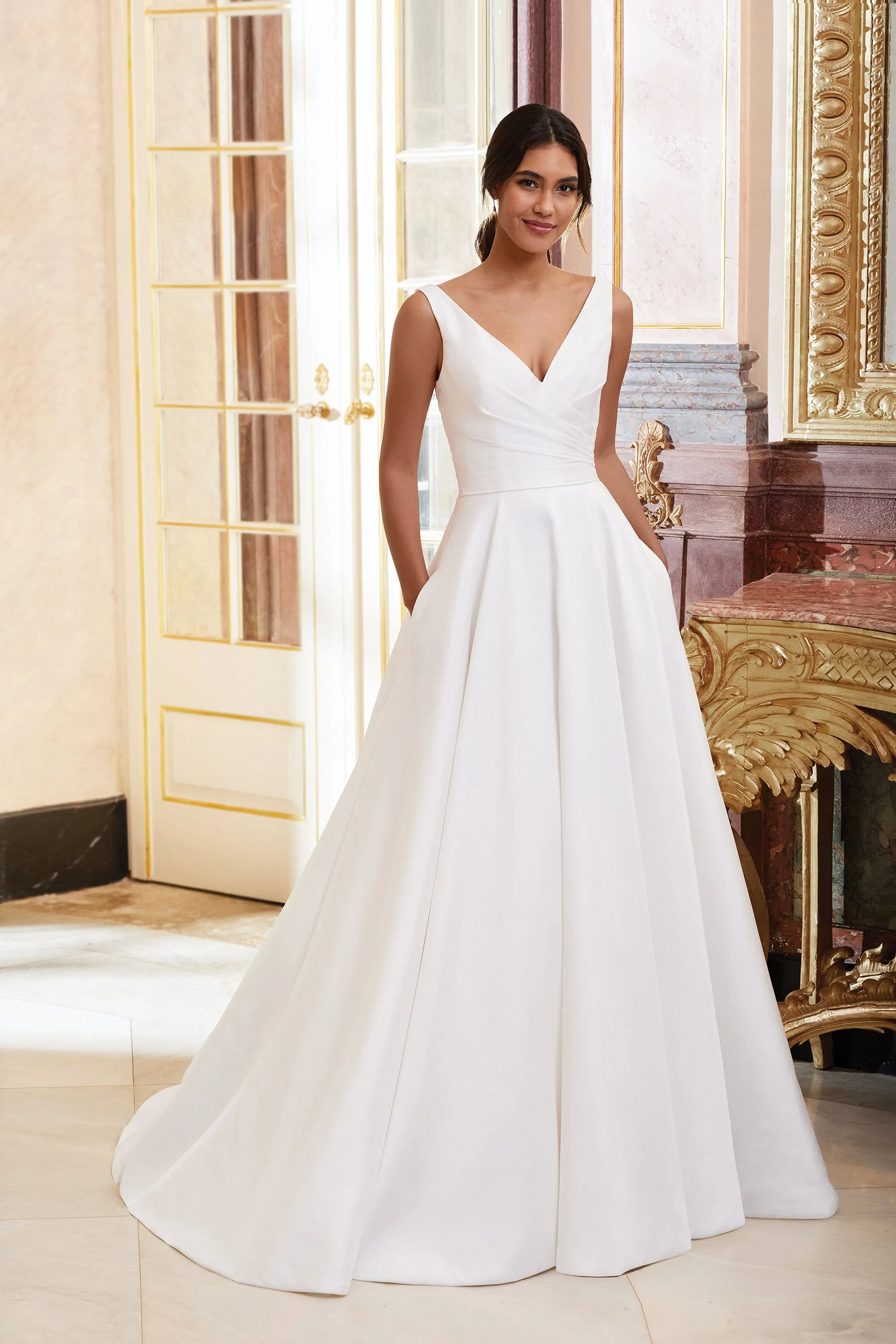 Ball Gown V-Neck Chapel Mikado Pockets Chapel Wedding Dress 44080