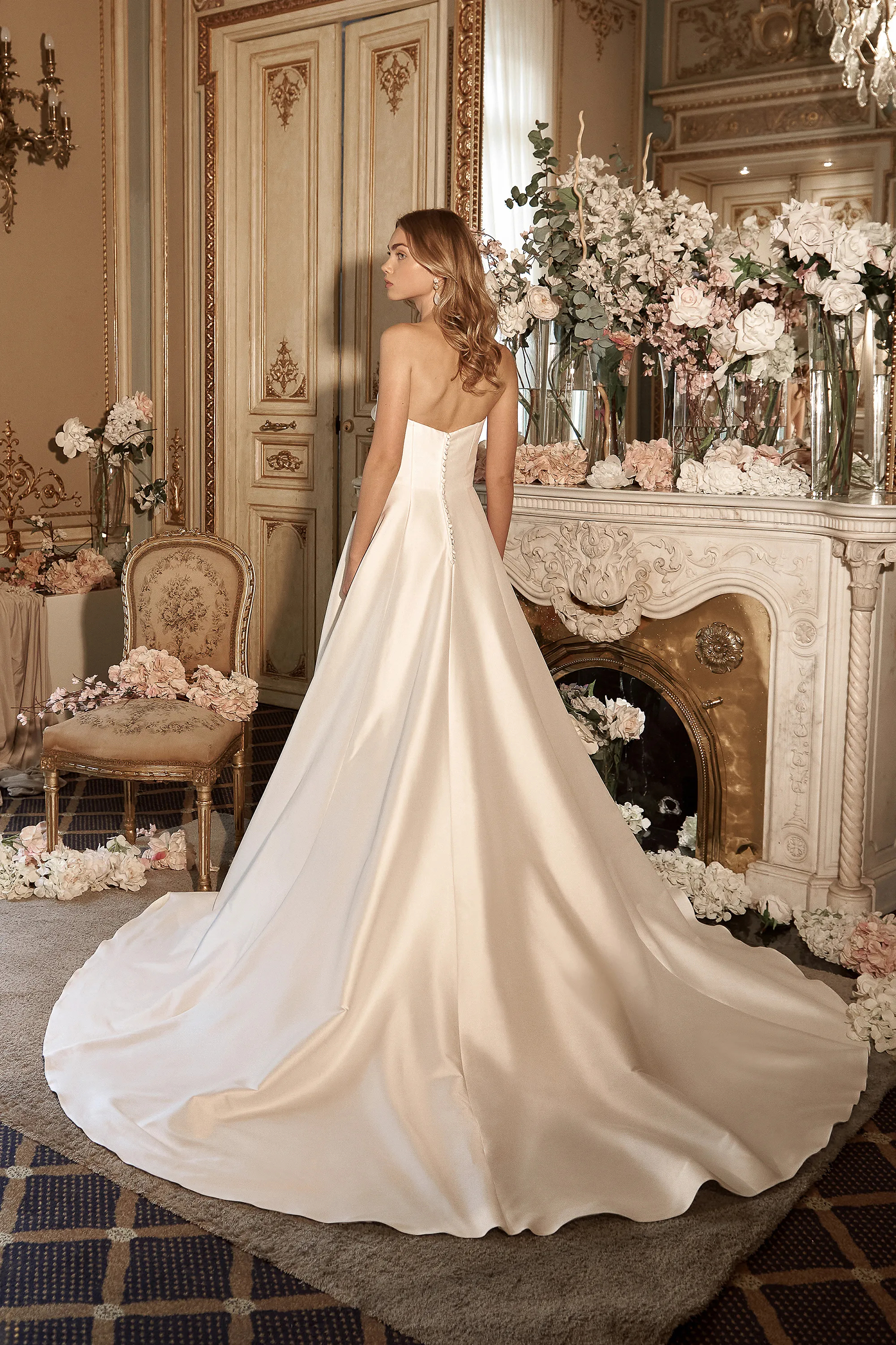 A-Line Strapless Stretch Mikado Draped Straight Neckline Wedding Dress 44416