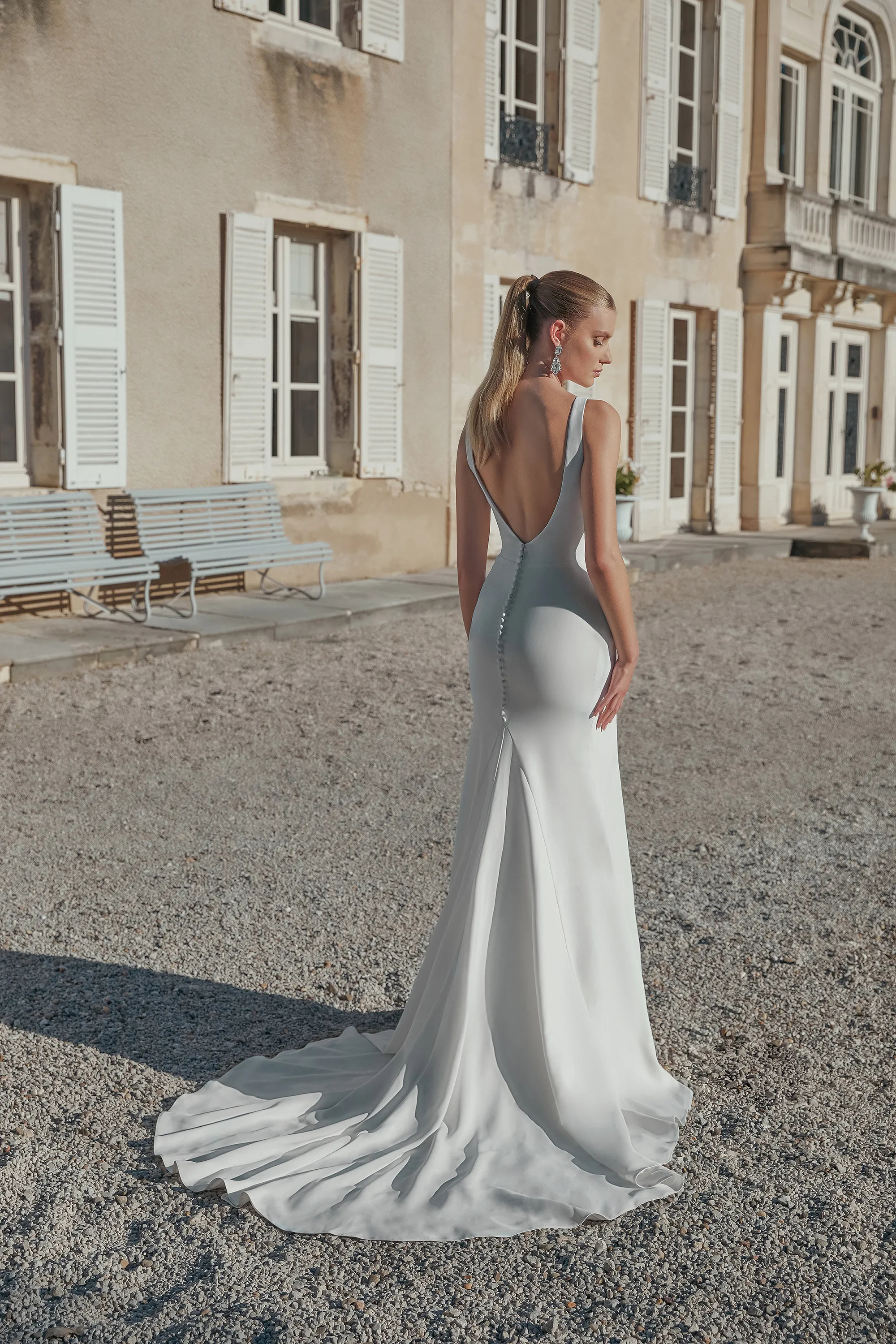 Chic Fit and Flare Stretch Crepe Ruching Chapel Length Train Wedding Dress 44450