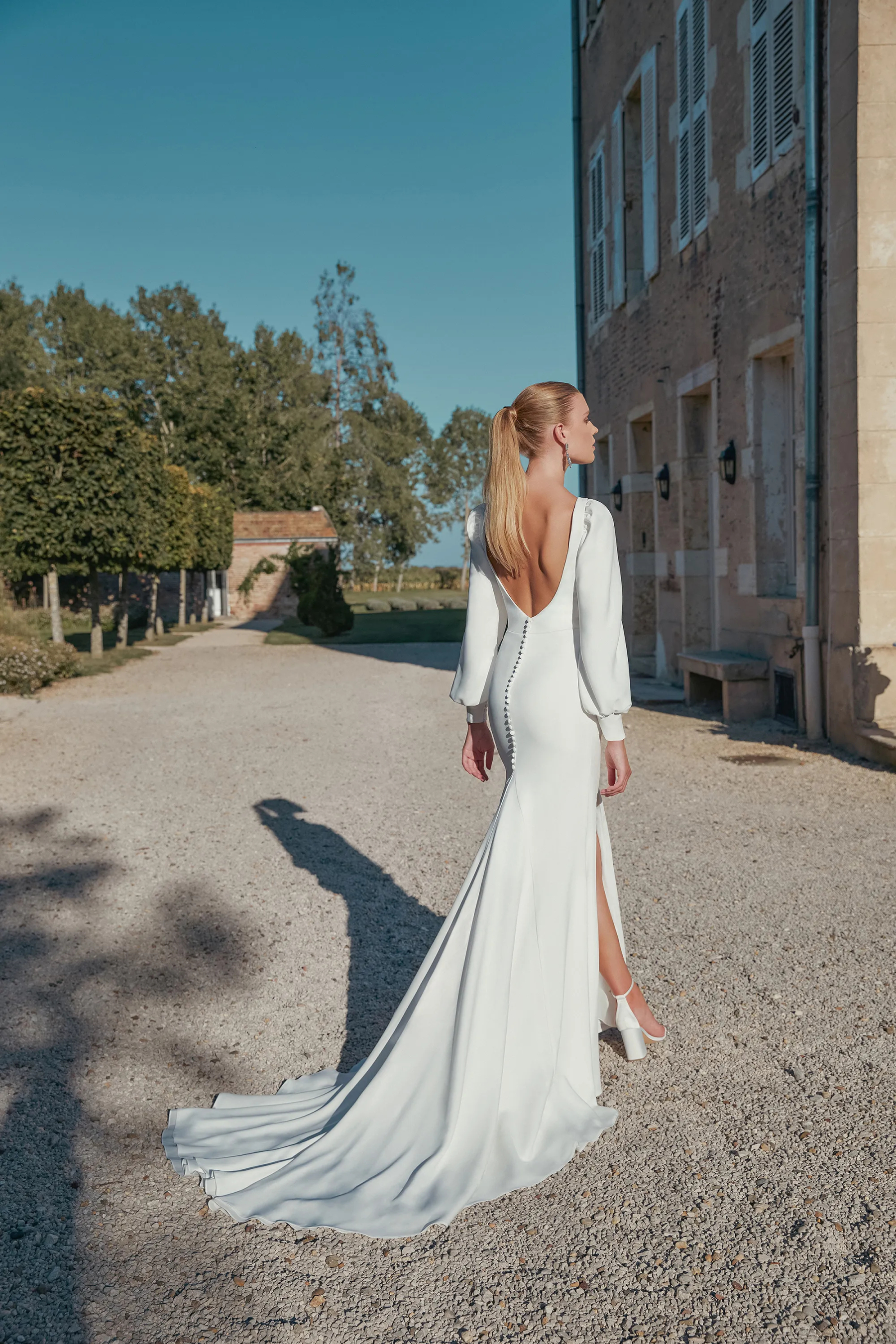 Chic Fit and Flare Stretch Crepe Ruching Chapel Length Train Wedding Dress 44450