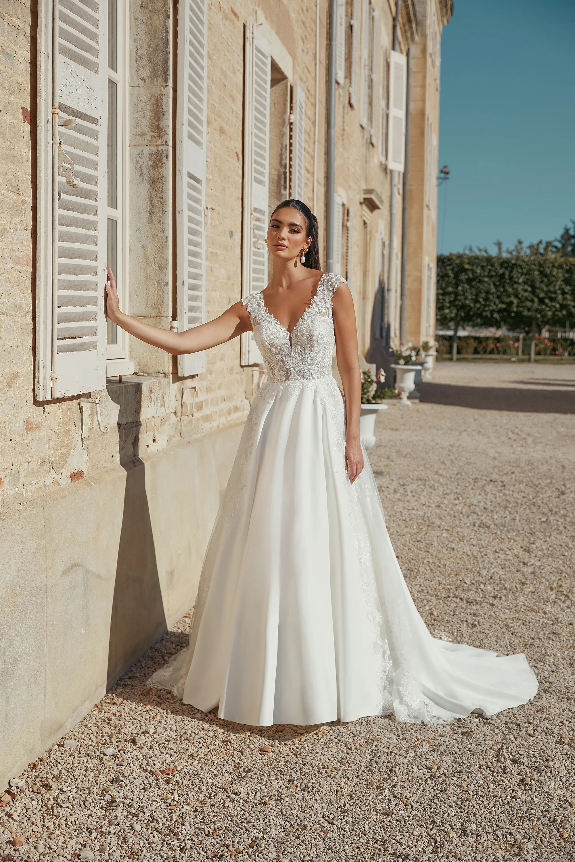 A-Line Plunge V-Neck Sequins Lace Sweep Train Wedding Dress 44455