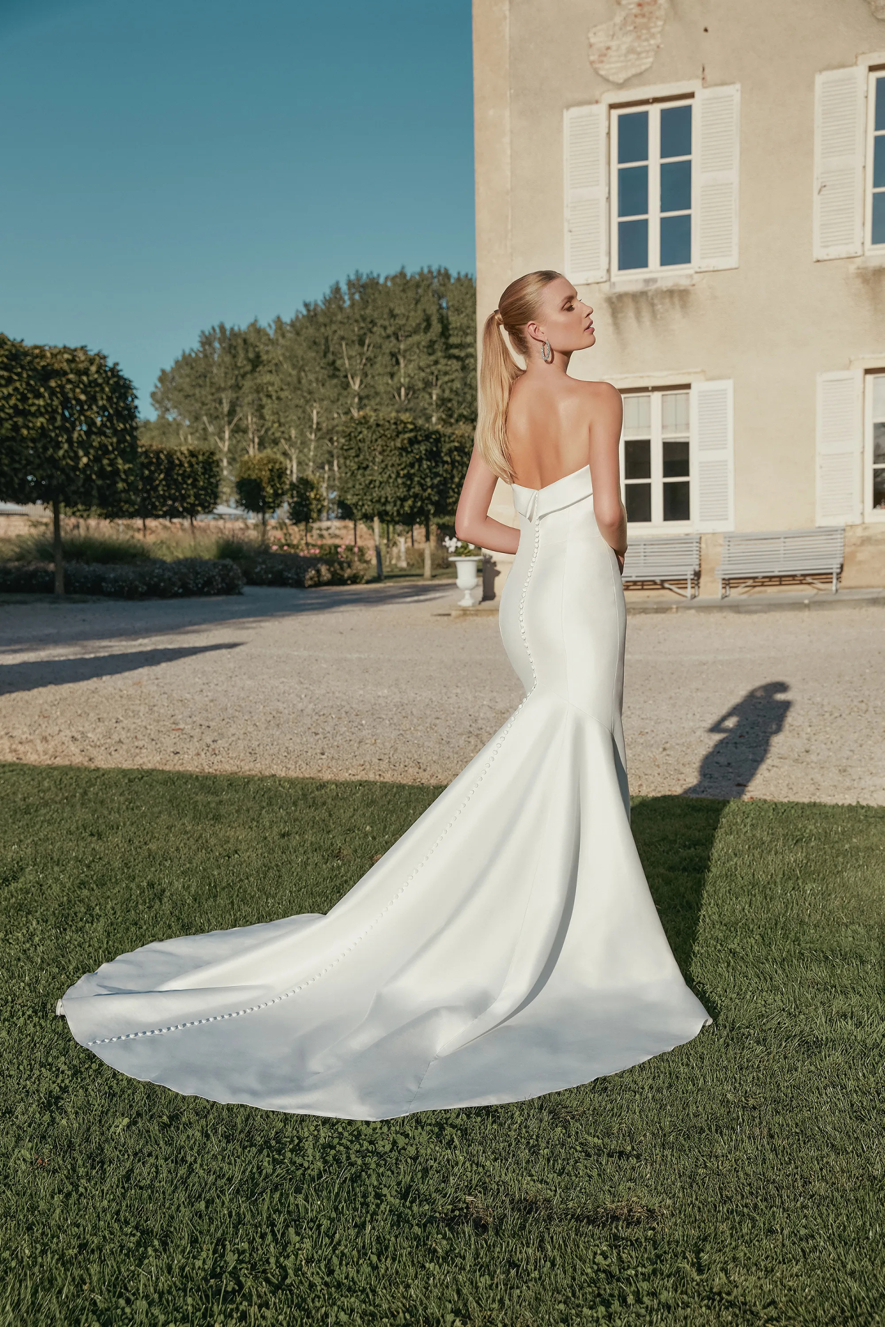 Fit and Flare Straight Stretch Mikado Sweep Train Wedding Dress 44456