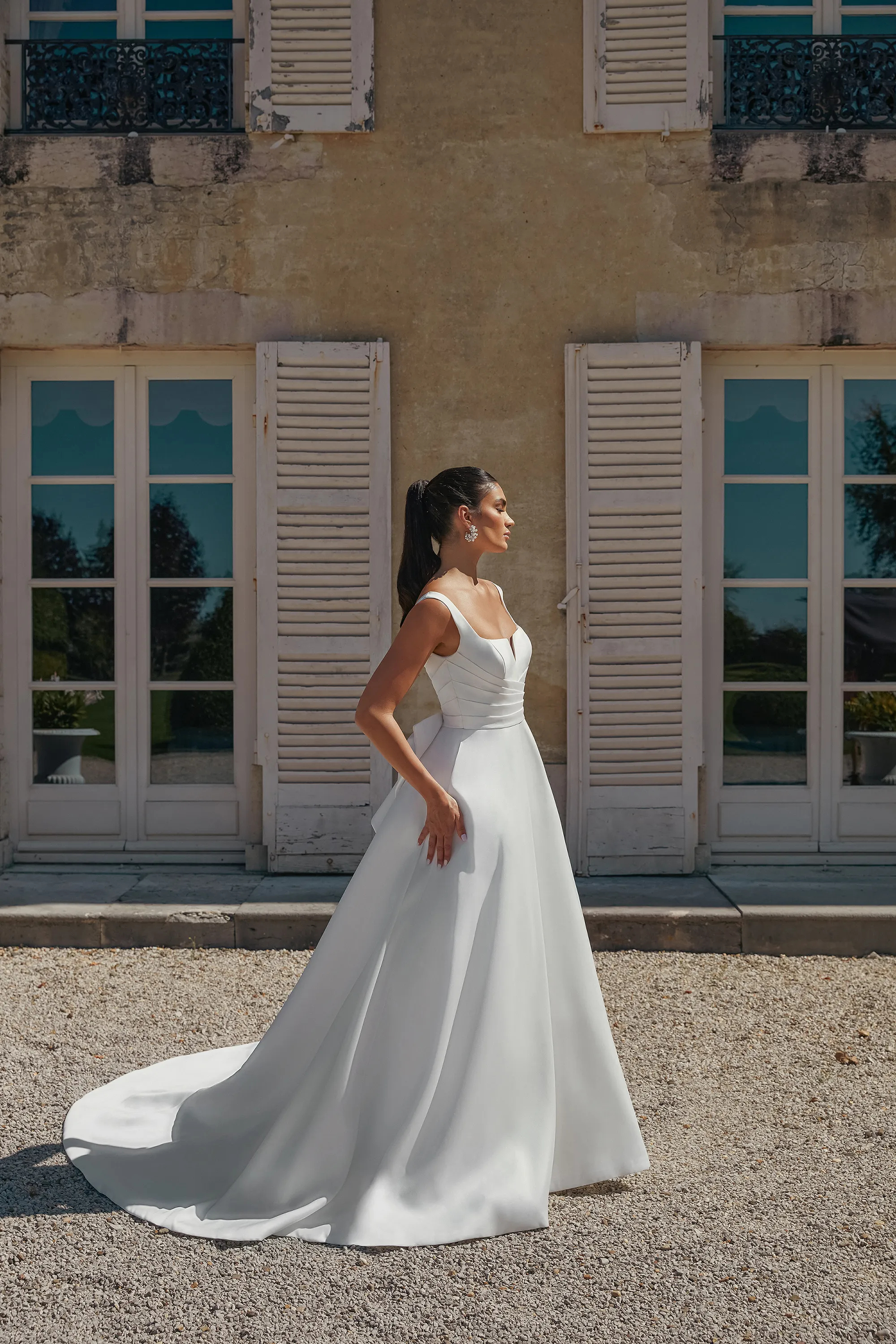 Chic A-Line Square Mikado Pleated Detachable Bow Wedding Dress 44457