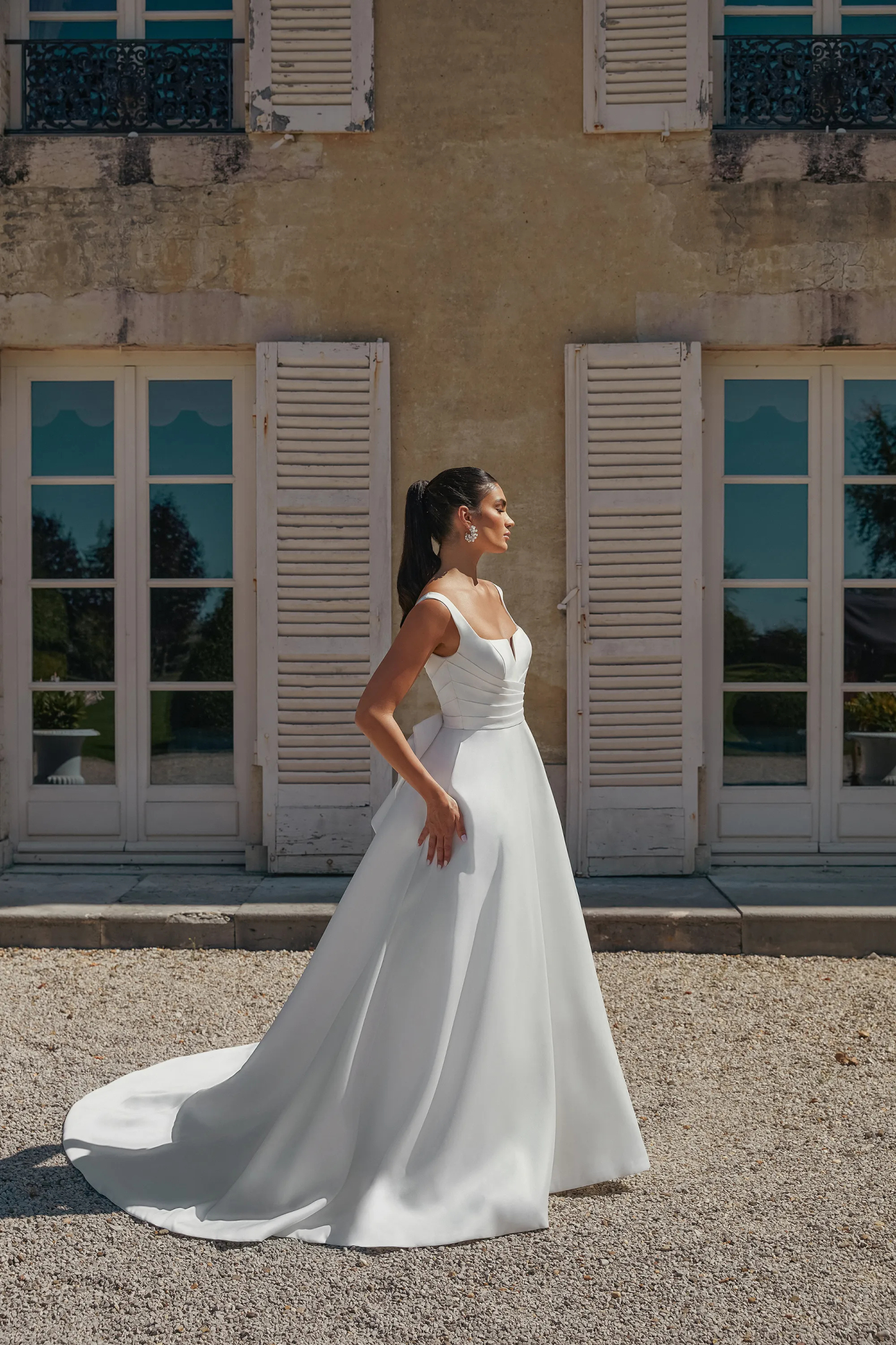 Chic A-Line Square Mikado Pleated Detachable Bow Wedding Dress 44457