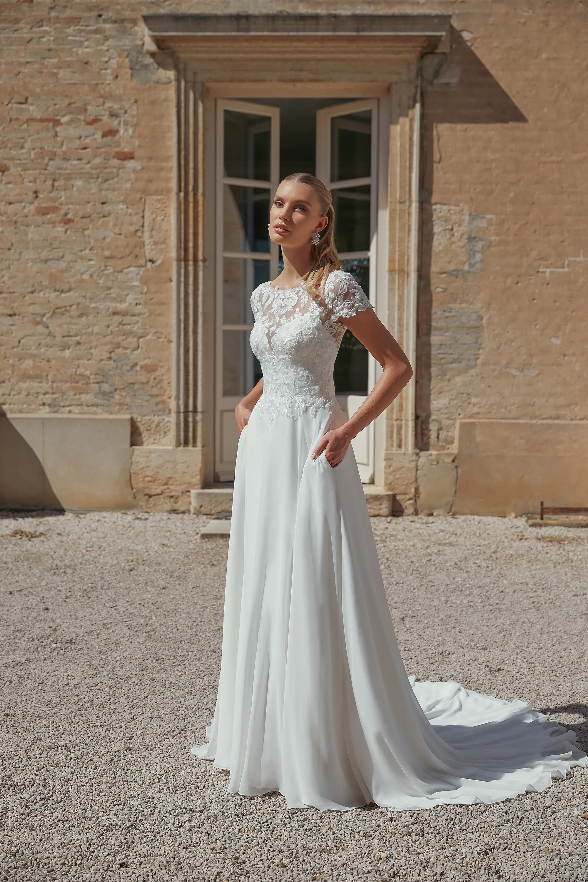 Classics A-Line Illusion Sequins Chiffon Chapel Wedding Dress 44460