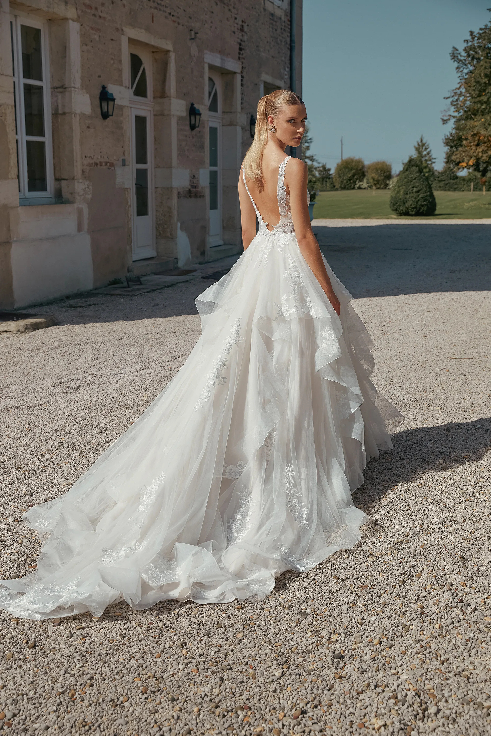 Ball Gown Plunge V-Neck Chapel Low V-Back Ruffles Wedding Dress 44464