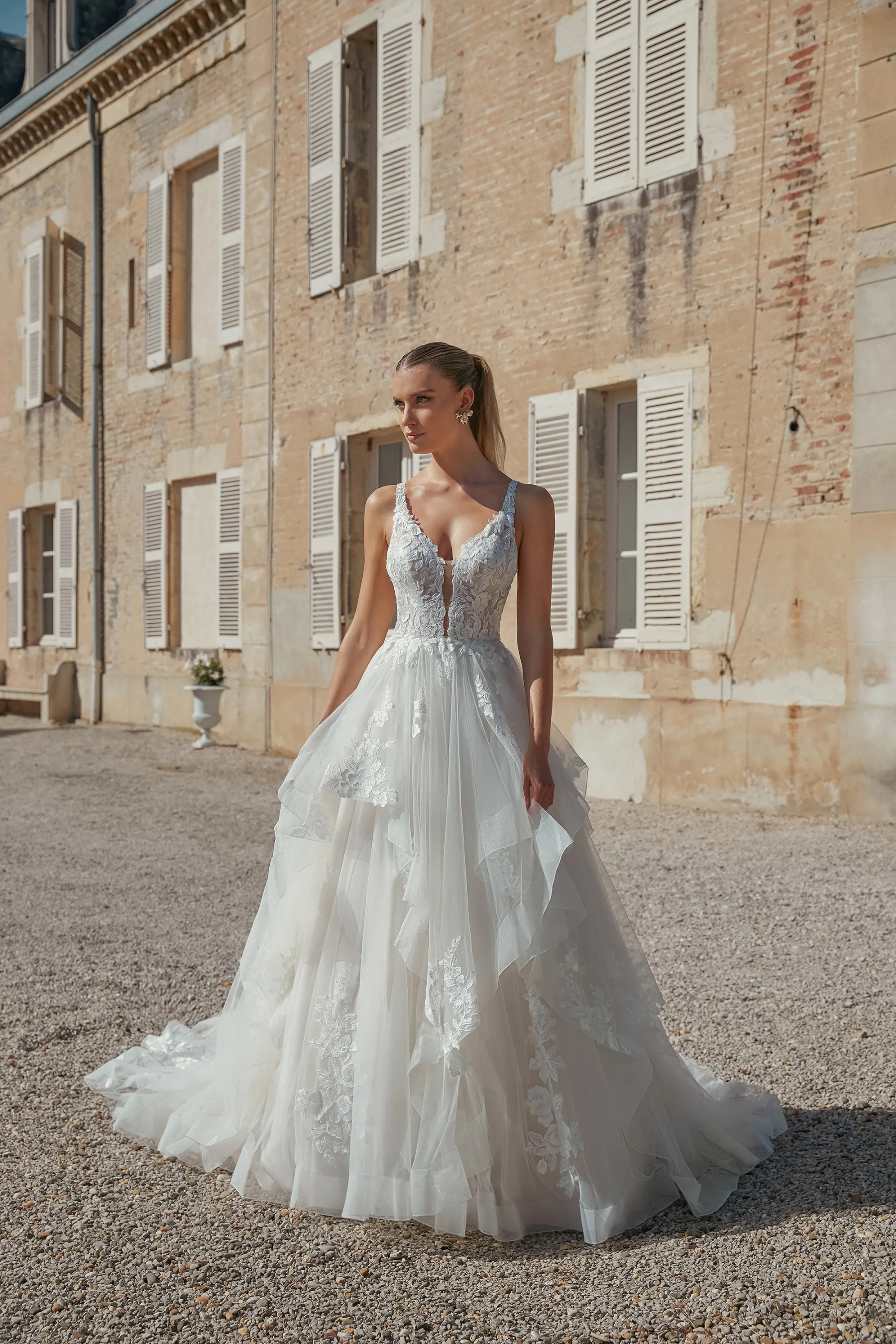 Ball Gown Plunge V-Neck Chapel Low V-Back Ruffles Wedding Dress 44464